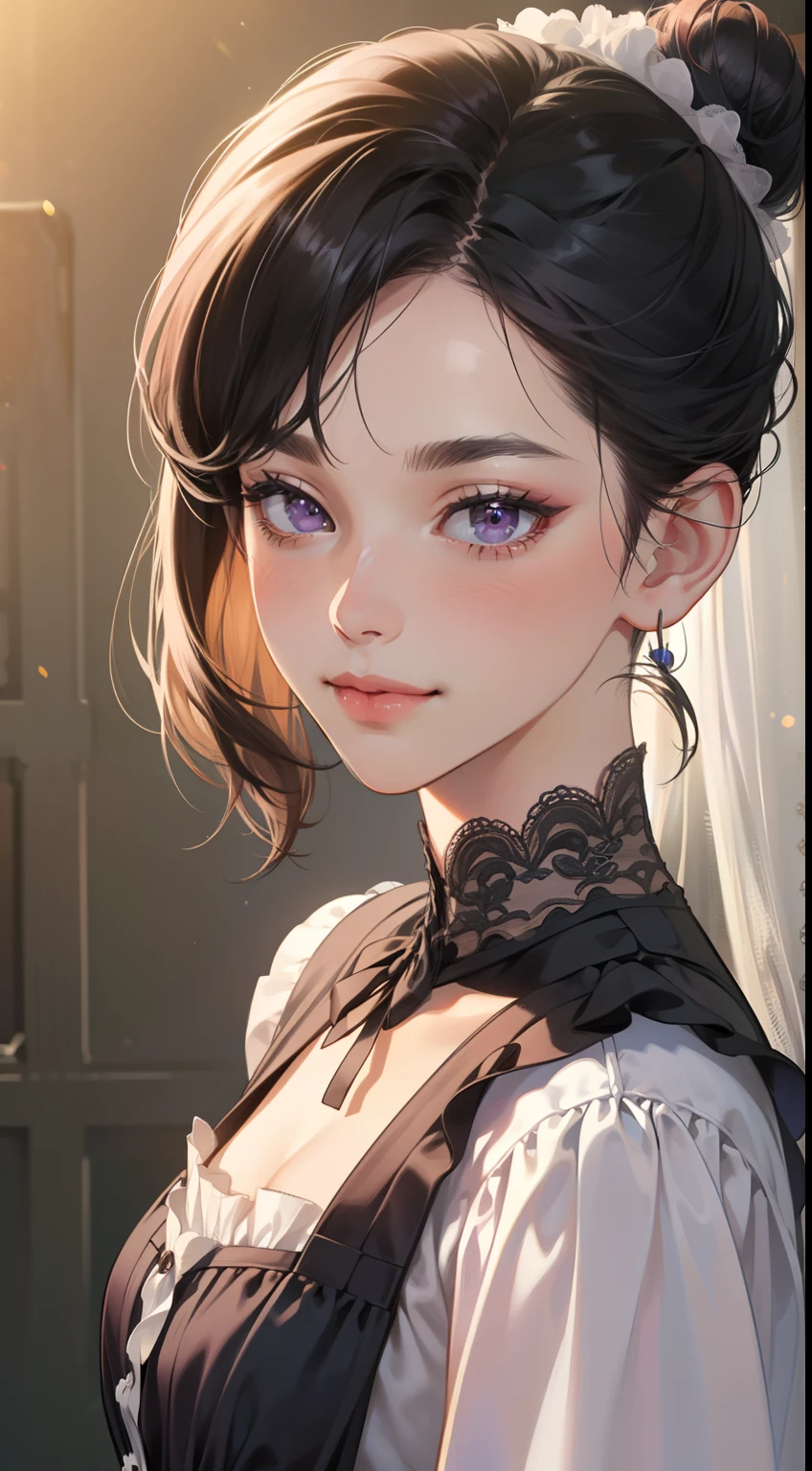 masterpiece, best quality, realistic, mature female, cute, 25 years old, closed mouth, portrait, extremely detailed face, soft smile, (dark purple eyes), ((with single black hair bun), ((front bangs hair)), [thin eyebrows], ((Victorian female clothe)), (dress), no makeup, light smile, ear blush, light blush, short eyelashes, 4k,