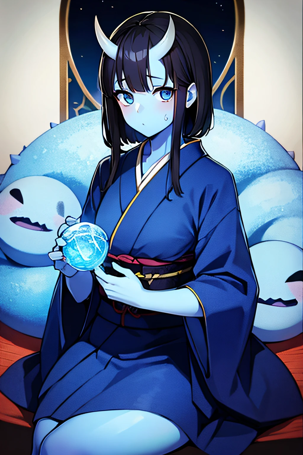 1 blue oni girl, light blue skin, black hair, blue eyes, Hoari, kimono