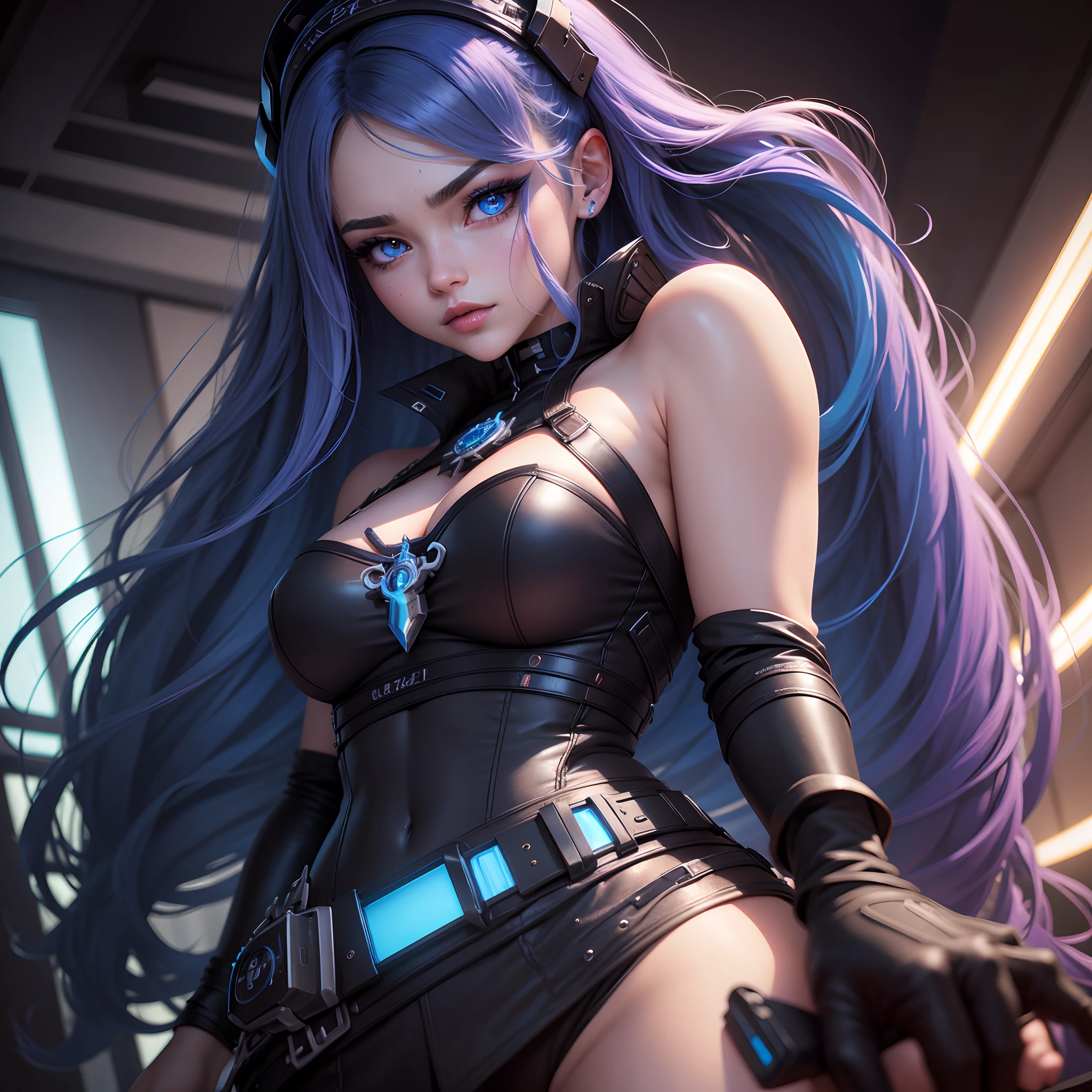 Create an extraordinary 8K masterpiece featuring the face portrait of an 18-year-old stern anime girl with striking blue eyes and long, two-toned hair—half pink and half black. She should exude a gamer girl aesthetic and be dressed in a blue outfit with black gloves. The character's makeup, including red lipstick, eyelashes, and ultra-detailed eyes, should be absolutely flawless. Pay meticulous attention to the ultra-detailed face, lips, and unique hair intakes. Her very long hair should be a key feature in this portrait, and cinematic lighting should accentuate her features. Position the character within a room bathed in neon lights, creating a blurred background effect that enhances the ambiance. Her eyes should emit a captivating blue glow, aligning with the gamer theme.
The final result should be a true masterpiece, emphasizing amazing details in this 8K face portrait. It should capture the essence of a unique and stern anime gamer girl while focusing solely on her face.
