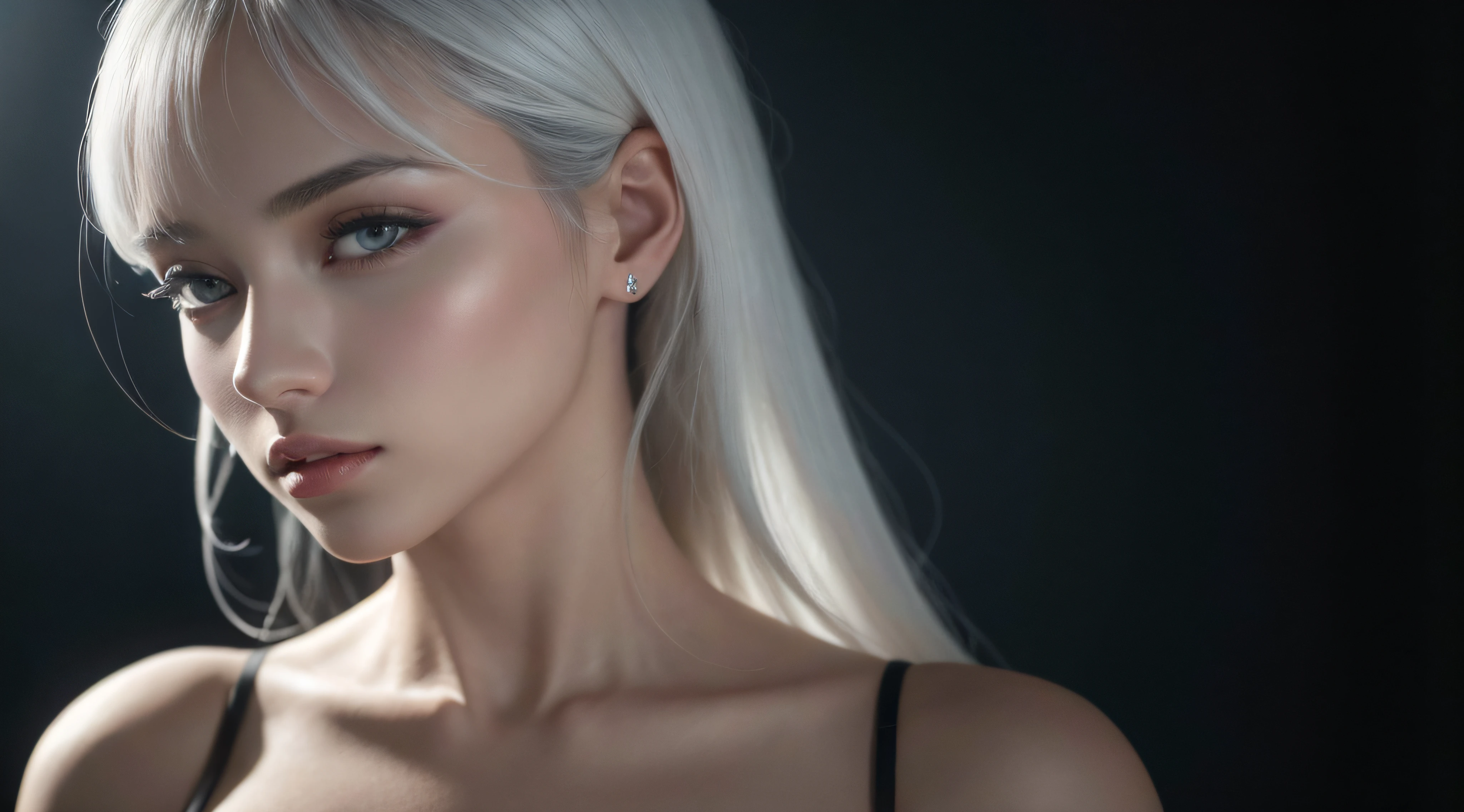 (8k, RAW photo, photorealistic) ,( lipgloss, eyelashes, gloss-face, glossy Black skin, best quality, ultra highres, depth of field, chromatic aberration, caustics, Broad lighting, natural shading), In a sunlit studio, a stunning model stands tall, exuding elegance and grace. She dons a sky blue dress that floats around her, accentuating her flawless figure. Her hair, as white as freshly fallen snow, cascades down her back, framing her face. With smokey eyes that captivate the viewer, she oozes confidence and allure. A masterpiece of beauty, this portrait captures the essence of a professional and captivating marketing photoshoot, DLSR, film grain, cinematic, intricate details, 4K, 8k, hd.