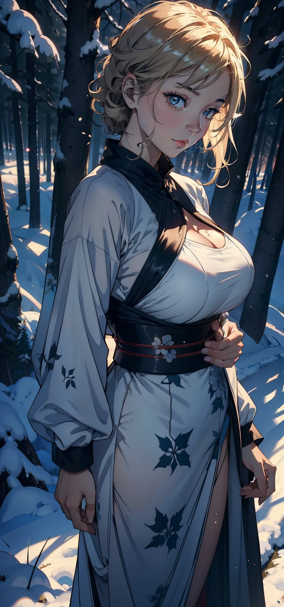 1female，1female，45 yers old，Married Woman，熟妇，mature，plumw，extremely large bosom，Big breasts Thin waist，long leges， 独奏，（Background with：coniferous forest，SakuraNS，at winter season，Snow on the ground） She has long black hair，bobo head，，seen from the front， standing in forest， mostly cloudy sky，（（（tmasterpiece），（Very detailed CG unity 8K wallpaper），best qualtiy，cinmatic lighting，detailed back ground，beatiful detailed eyes，Bright pupils，Black eyes，Snow-whiteskin，Redlip（Very fine and beautiful），（Beautiful and detailed eye description），ultra - detailed，tmasterpiece，））facing at camera，A high resolution，ultra - detailed），laughingly，revealing breasts，Bare genitalia，  Bulge，legs are open，Raised sexy，Camel toes，Flushed complexion，Desire for dissatisfaction，frontage，Navy（Wearing：Blue officer dress，Officer's cap）