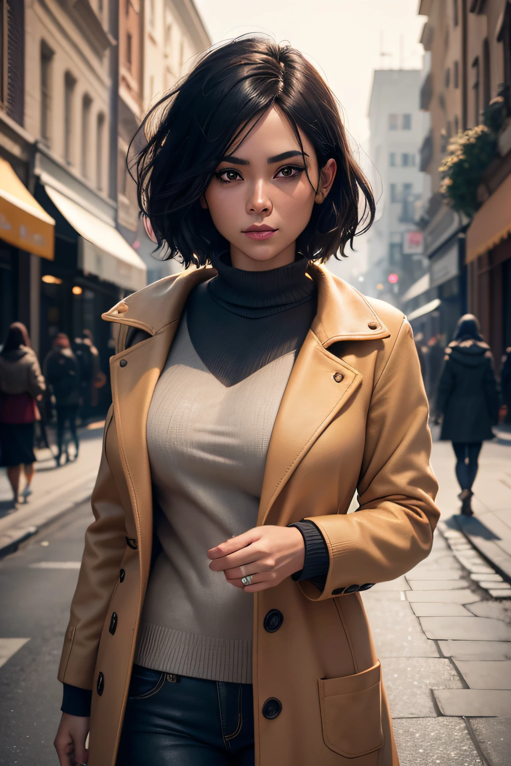 Influencer, walking, short black hair, eye liner, beige jumper and long coat, busty, in a cosy street in Fall, orange leaves, wide shot, very detailed lighting, 8k HD high definition detailed realistic, detailed, skin texture, hyper detailed, realistic skin texture, armor, best quality, ultra high res, (photorealistic: 1.4), high resolution, detailed, Raw photo, Sharp Re, by Lee Jeffries Nikon D850 Film Stock Photography 4 Kodak Portra 400 Camera F1.6 Lens Rich Colors Hyper Realistic Realistic Texture Dramatic Lighting UnrealEngine trend in ArtStation Cinestill 800