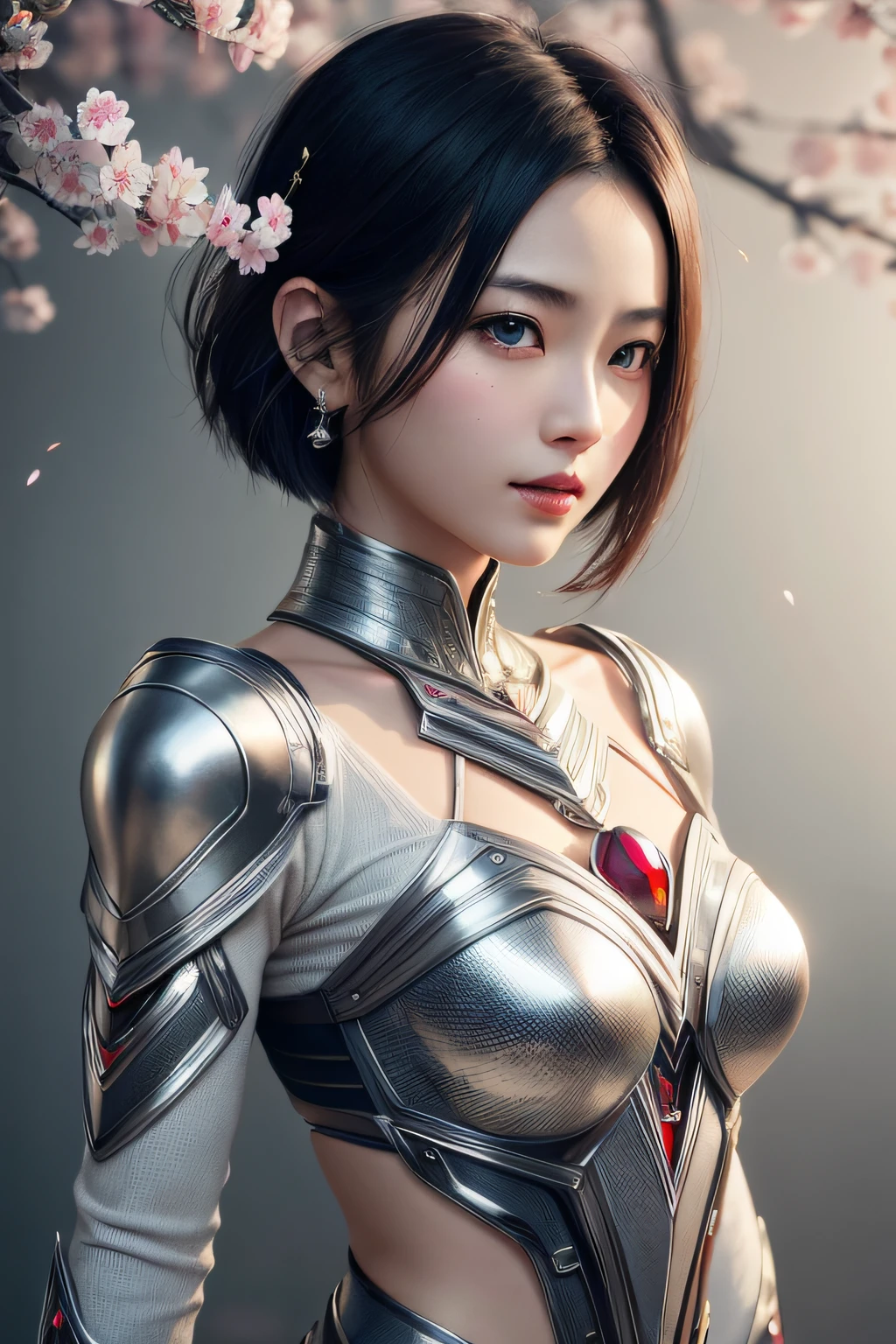 beautiful japanese young woman, wearing spiderwoman armor made of silver, thick symmetrical features, very short hair, background is cherry blossoms, pink aura, red lips, octane render,