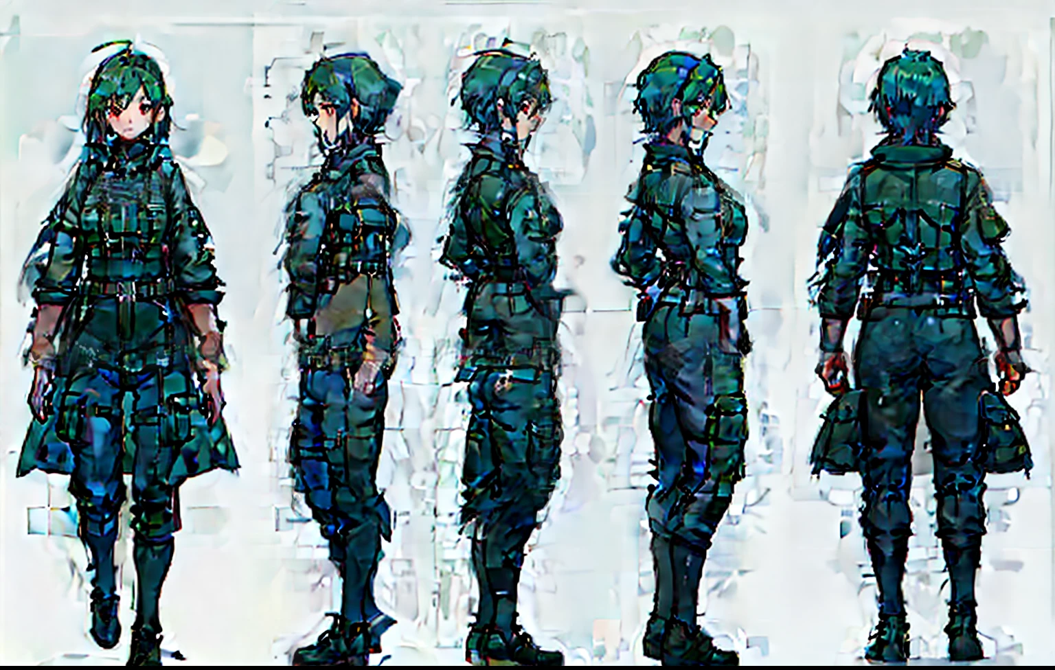1hombre, Hoja de referencia, (Post-war character design, frente, derriere, lado) mujer, militar, cabello largo verde ondulado, ropa militar verde, real, Obra maestra, Calidad superior, La mejor calidad)