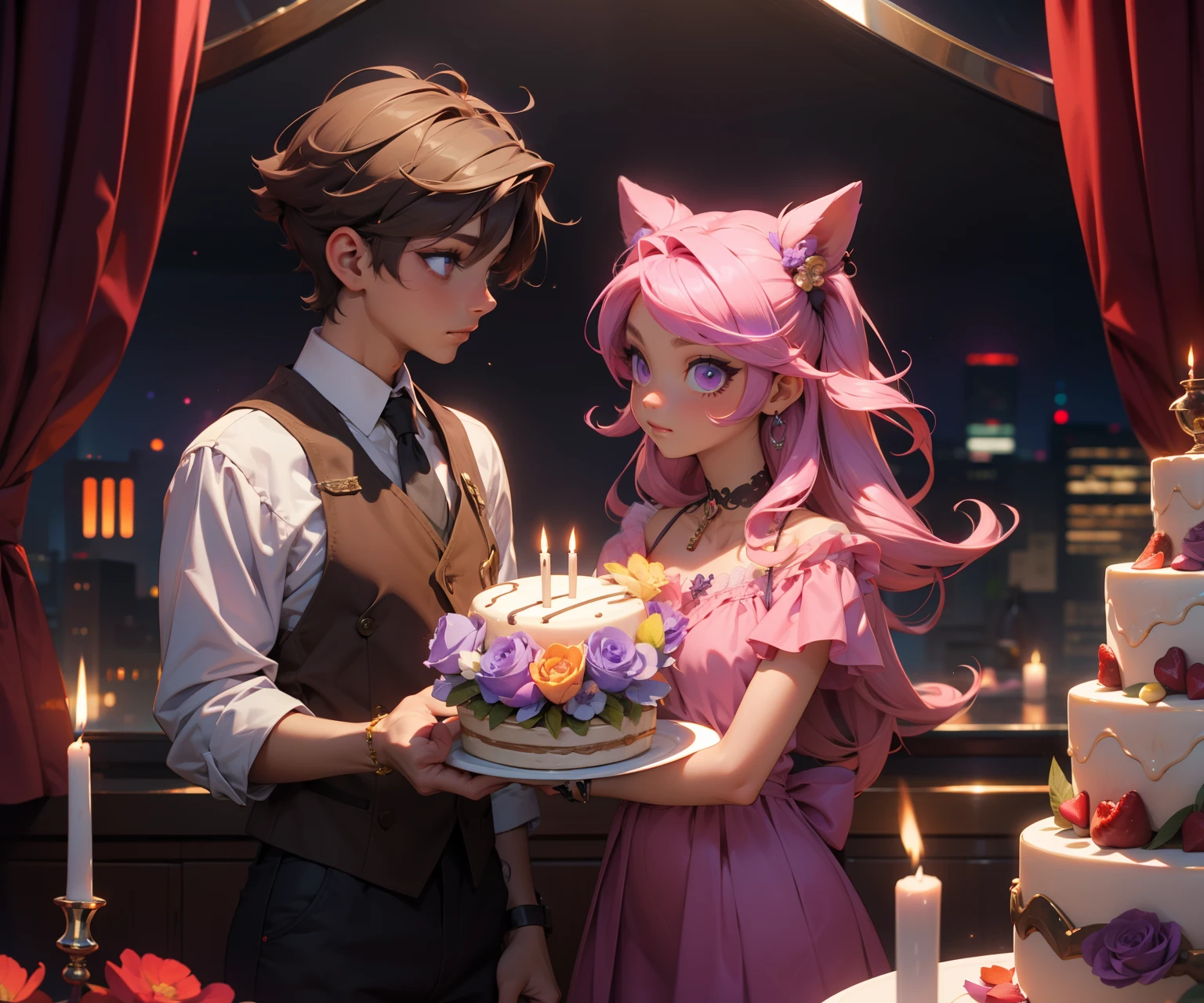 un grupo, dos personas muy cerca del uno como del otro, el chico con cabello corto cafe y con ojos cafe claro con un rostros muy detallado y hermoso, with a young girl with long hair and pink cat ear in a very romantic place with low lights and some candles and various gifts around her and a big birthday cake, 1chico al otro extremo de cabello medio largo oscuro con un traje muy elegante mientras aplaude