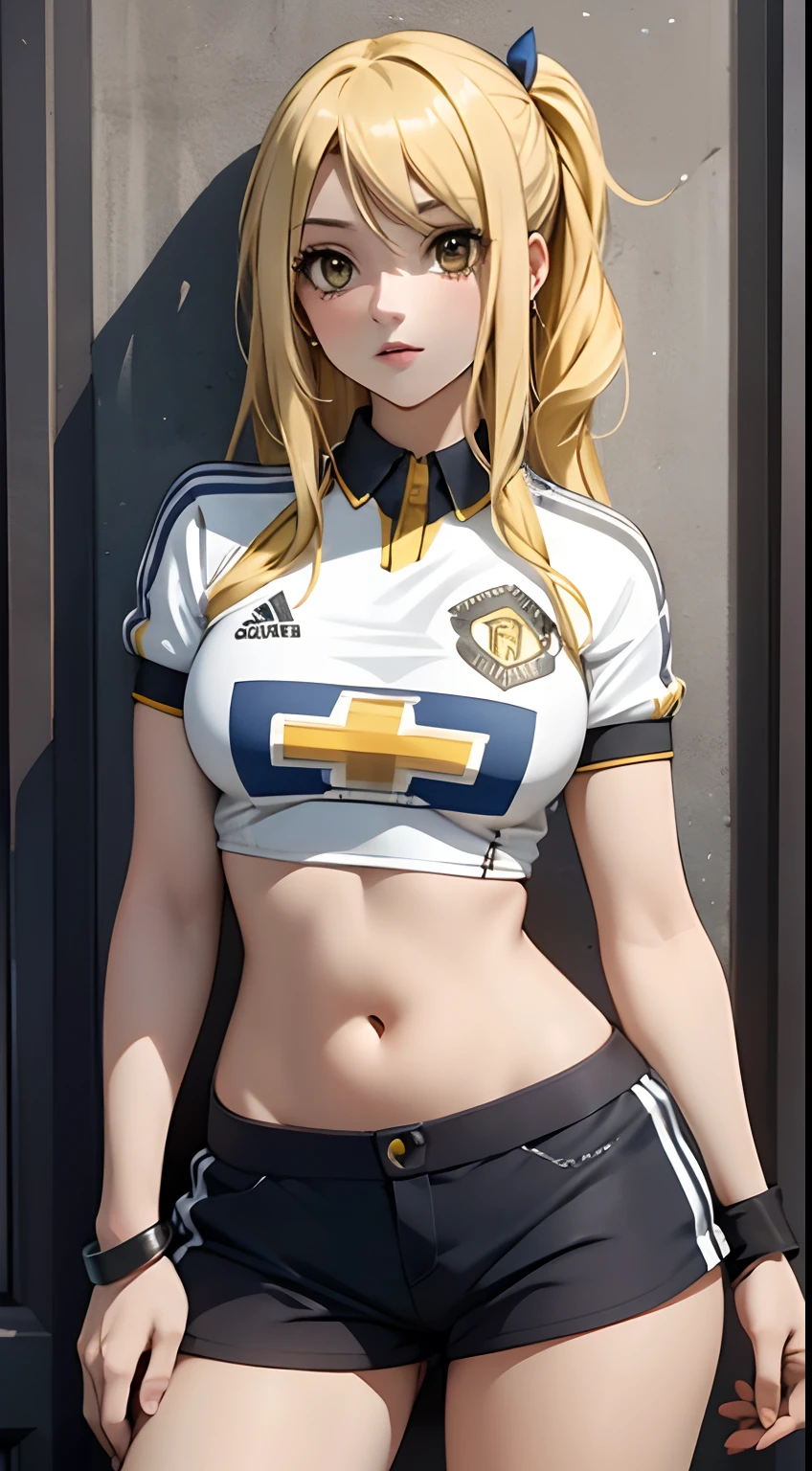 Lucy Heartfilia, 1 Women, 1 Girls, yellow hair, yellow eyes, looking from the front, Jersey Manchester united, No Pants