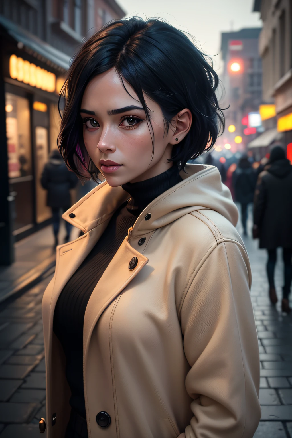 Influencer, walking, short black hair, eye liner, beige jumper and long coat, busty, in a cosy street in Fall, orange leaves, wide shot, very detailed lighting, 8k HD high definition detailed realistic, detailed, skin texture, hyper detailed, realistic skin texture, armor, best quality, ultra high res, (photorealistic: 1.4), high resolution, detailed, Raw photo, Sharp Re, by Lee Jeffries Nikon D850 Film Stock Photography 4 Kodak Portra 400 Camera F1.6 Lens Rich Colors Hyper Realistic Realistic Texture Dramatic Lighting UnrealEngine trend in ArtStation Cinestill 800