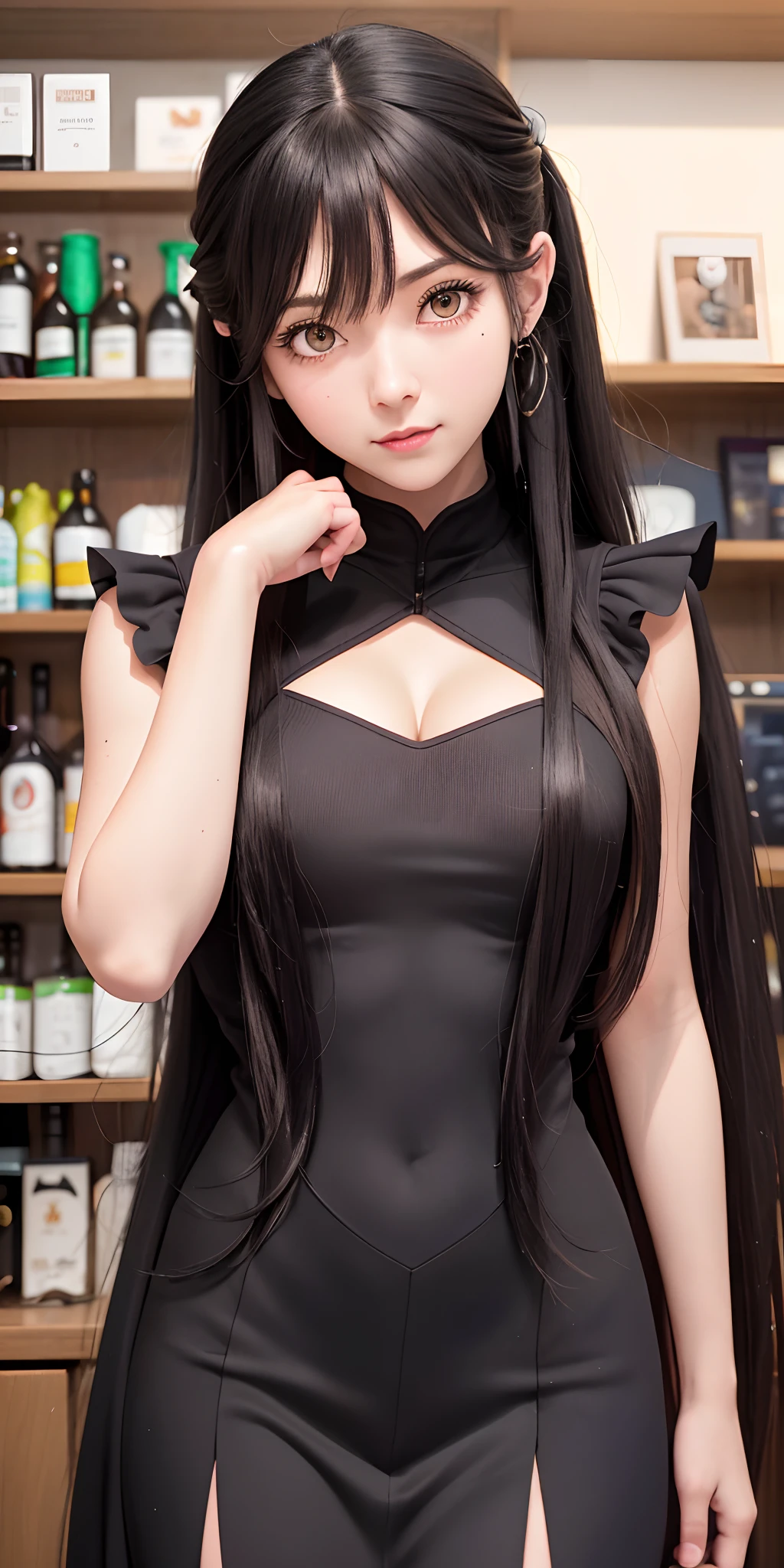 a close up of a person standing in front of a shelf with bottles, albedo from the anime overlord, albedo from overlord, from girls frontline, anya from spy x family, the godess hera looking angry, fine details. girls frontline, portrait gapmoe yandere grimdark, gapmoe yandere, Long hair