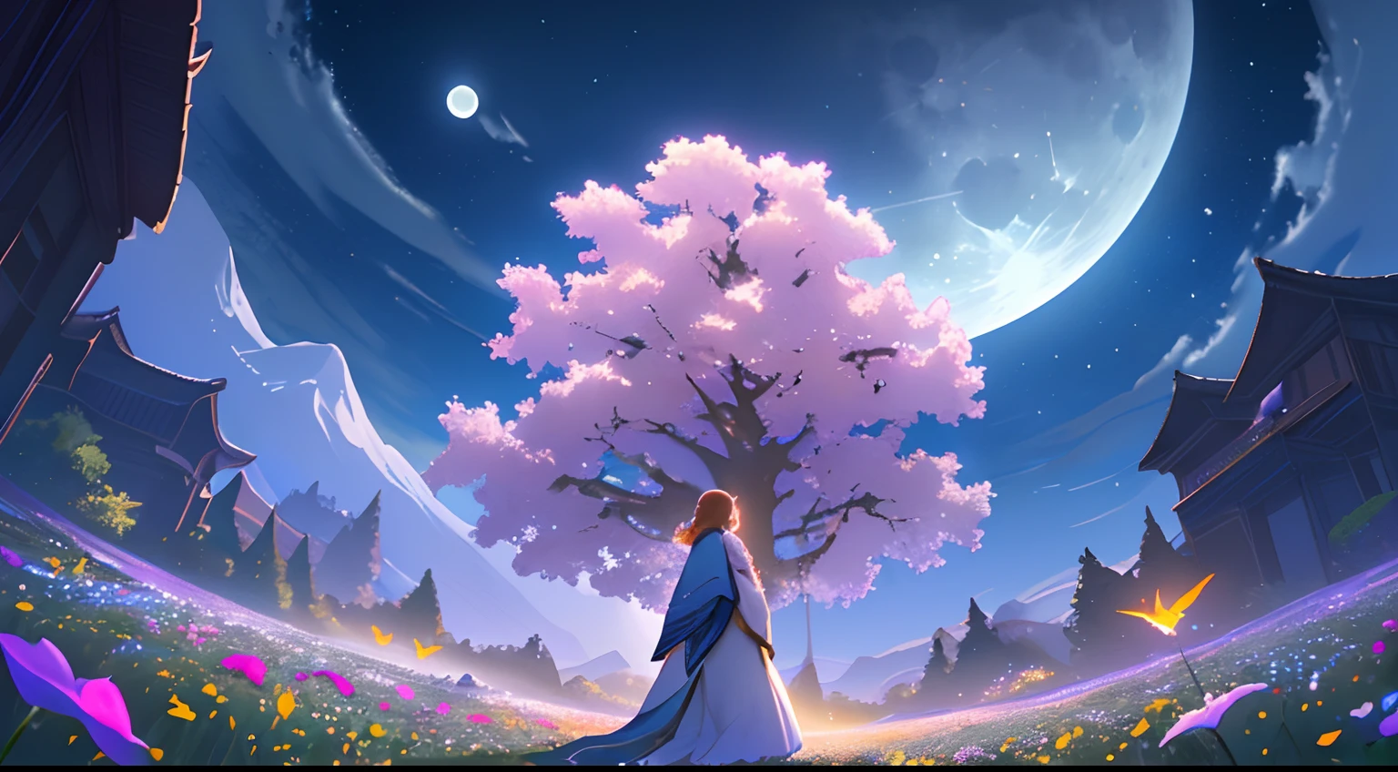 Landscape photography(Seen from below、Sky above、Lower is the field)、Girl standing in a flower garden looks up(fullmoon:1.2)、(meteors:0.9)、(nebulas:1.3) )、mountain in the distance々、WOOD BREAK CRAFTING ART、(Warm Light: 1.2)、(fireflys: 1.2)、A light、Lots of Purples and Oranges、intricate detailes、Volume Lighting BREAK (masterpiece: 1.2)、(top-quality)、4k、ultra-detailliert、(The composition of the movement: 1.4)、Rich in details and colors、(Irridescent color: 1.2)、(Glow、atmospheric lighting)、dreamy、Magical、(独奏: 1.2)、Sateen