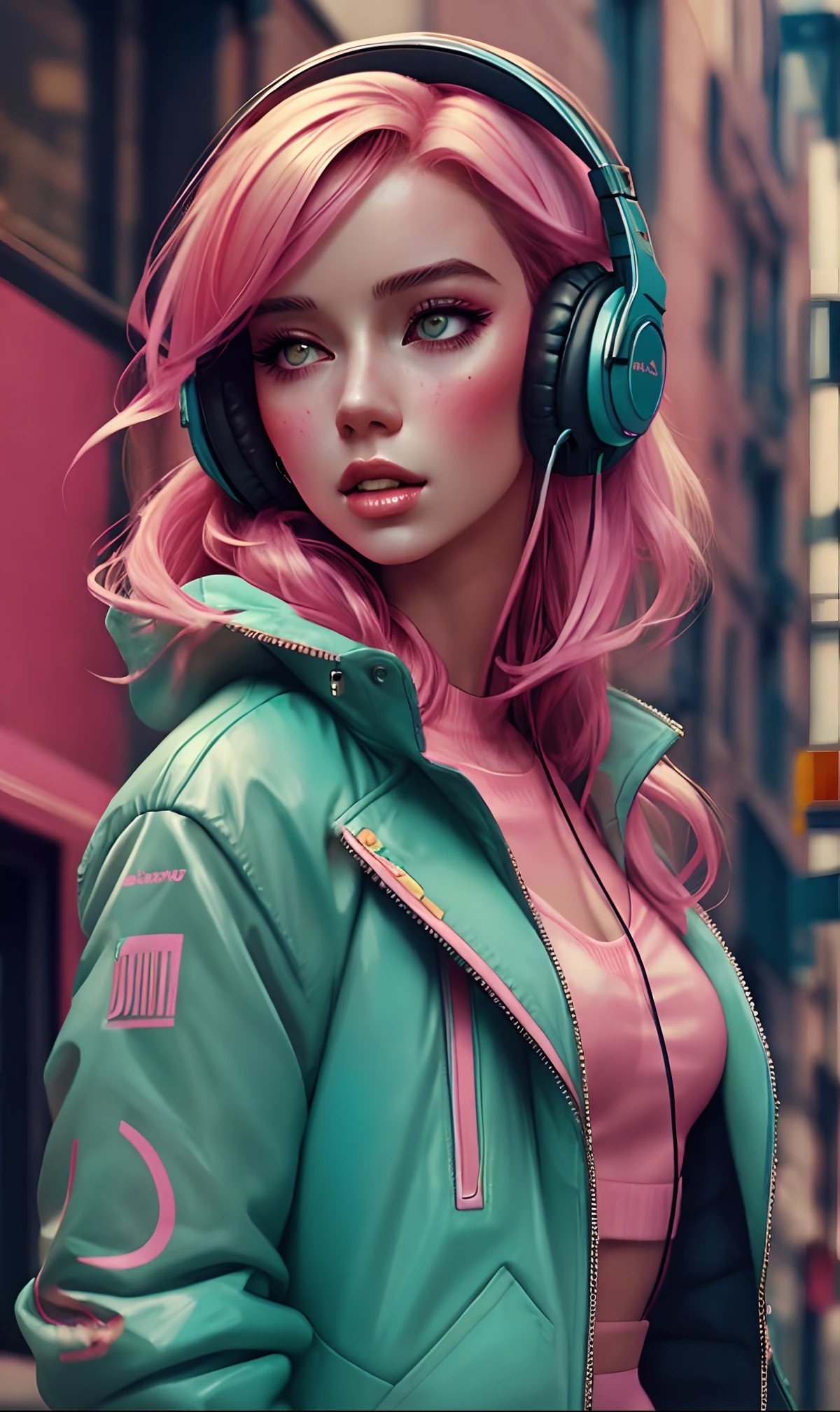 model girl wearing headphones, city background, intricate details, aesthetically pleasing pastel colors, poster background, art by conrad roset and ilya kuvshinov