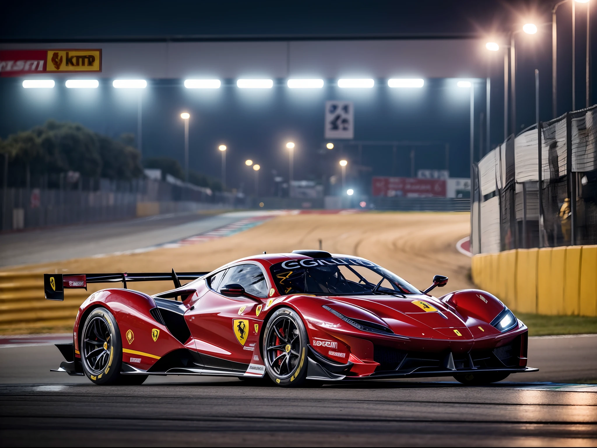 arafed image of a (ferrari formula one:1.4), (8k, RAW photo, best quality, masterpiece:1.2), (realistic, photo-realistic:1.37), (full body:1.3) (detailed), (highres), ultra realistic, hyperrealistic, high detail RAW color photo of (ferrari hypercar:1.4), high angle shot front view ferrari hypercar driving on a race track, stormy weather, (wet:1.2), (water dust:1.2), 8k uhd, high quality, motion blur, depth blur, cinematic, filmic image 4k, vibrant color, (reflections),(ferrari) race car,(race car:1.4),(endurance race car:1.4),at night, lights, High Detail, Sharp focus, (photorealism), realistic, best quality, 8k, award winning, dramatic lighting, epic, cinematic, masterpiece, rim light, ambient fog:1.3, dutch angle, depth of field,8k uhd, high quality, motion blur, depth blur, cinematic, filmic image 4k, vibrant color, (reflections),spoiler, GT3 race car, WEC endurance cars,rollcage,sponsors,livery, sponsored livery,lights turned on,motion blur,closeup,commercial photography