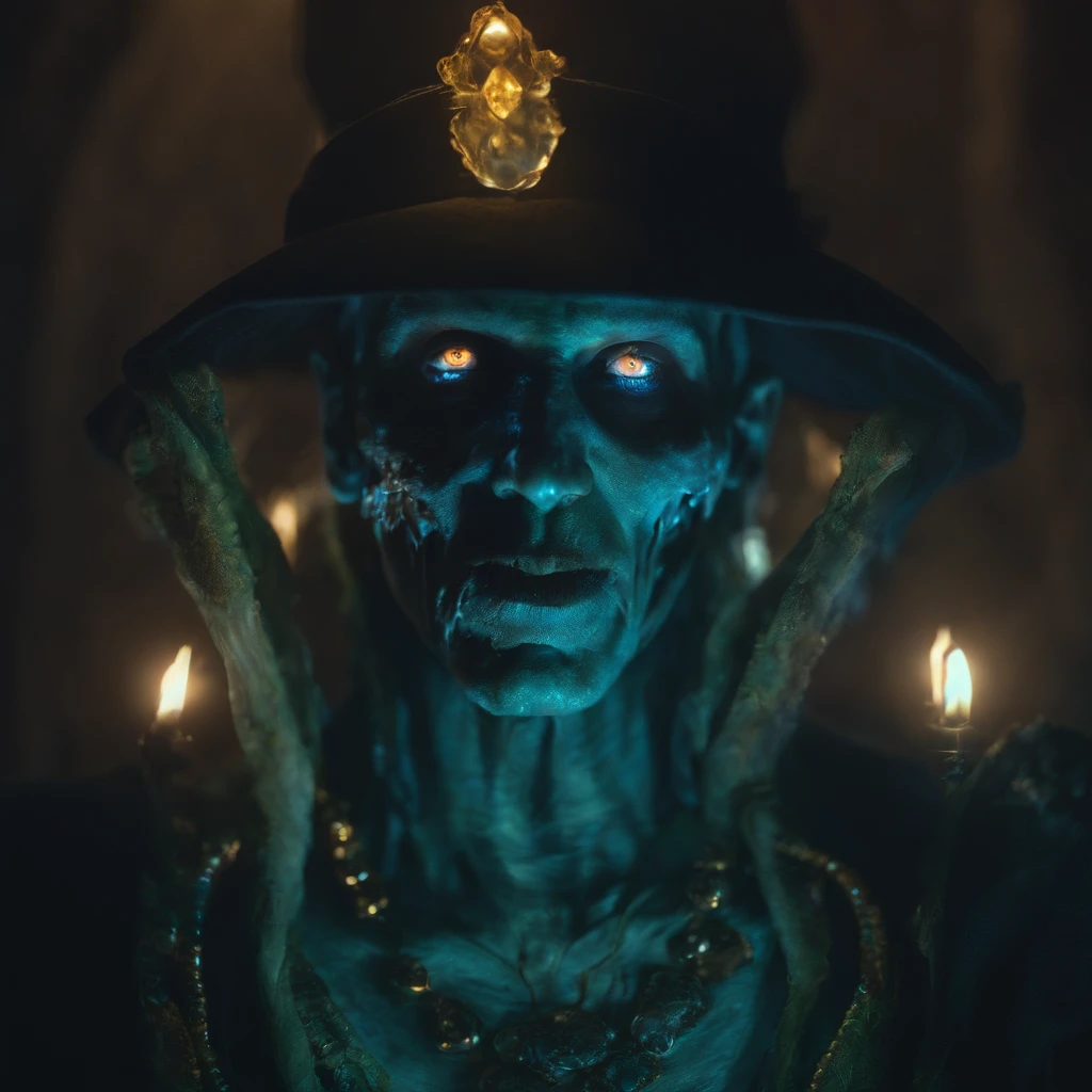 "A stunning 4k portrait featuring bioluminescent magic elements of an undead zombie."