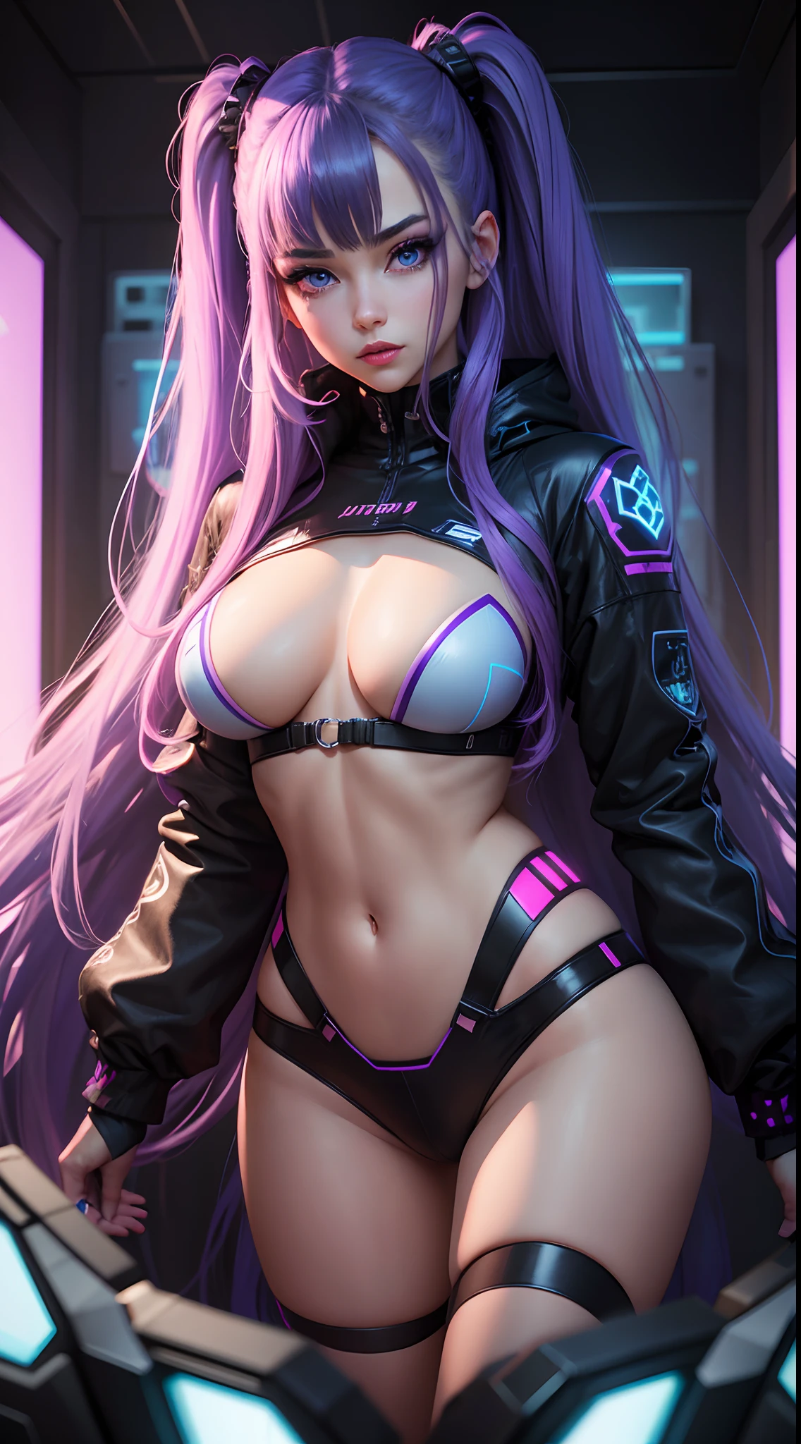 Create an extraordinary 8K masterpiece featuring the face portrait of an 18-year-old stern anime girl with striking blue eyes and long, two-toned hair, half pink hair, half black hair. She should exude a gamer girl aesthetic and be dressed in a blue outfit. The character's makeup, including red lipstick, eyelashes, and ultra-detailed eyes, should be absolutely flawless. Pay meticulous attention to the ultra-detailed face, lips, and unique hair intakes. Her very long hair should be a key feature in this portrait, and cinematic lighting should accentuate her features. Position the character within a room bathed in purple bright neon lights, cyber punk purple room, creating a blurred background effect that enhances the ambiance. Her eyes should emit a captivating blue glow, aligning with the gamer theme.

The final result should be a true masterpiece, emphasizing amazing details in this 8K face portrait. It should capture the essence of a unique and stern anime gamer girl while focusing solely on her face.