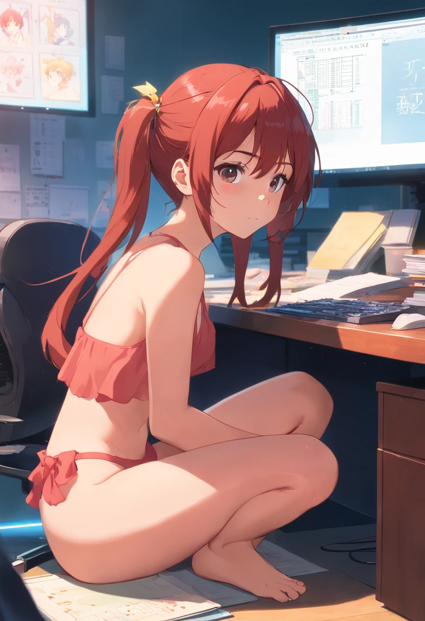 Fulll body Shot、fullnude、teats、((()))、small tits、side poneyTail、Red-haired、Sit at a desk and open your crotch wide
