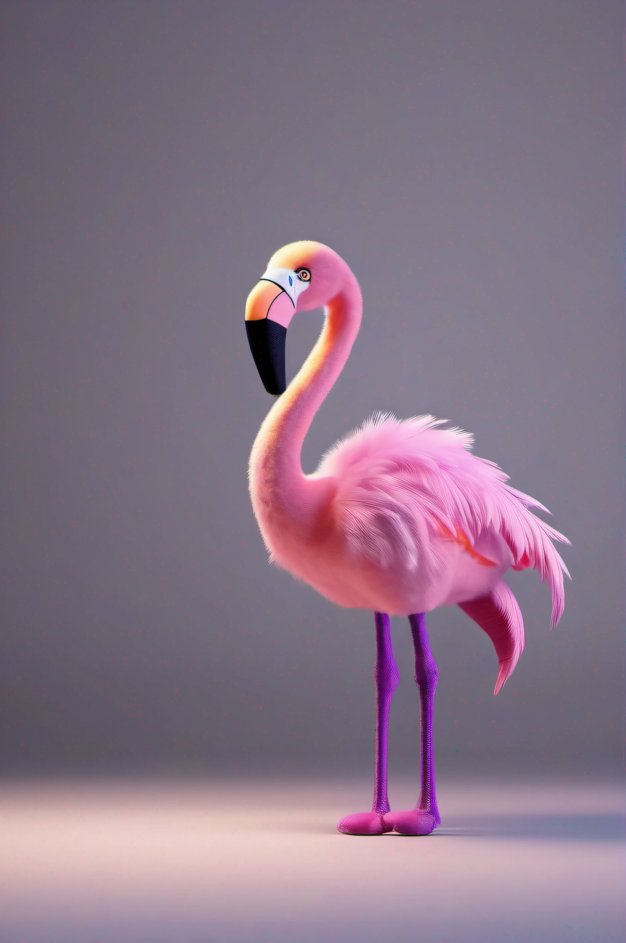 flamingo plush furry feather toy with big eyes, light pink body and dark purple beak, full body, ultra detailed 3D model rendering, depth of field