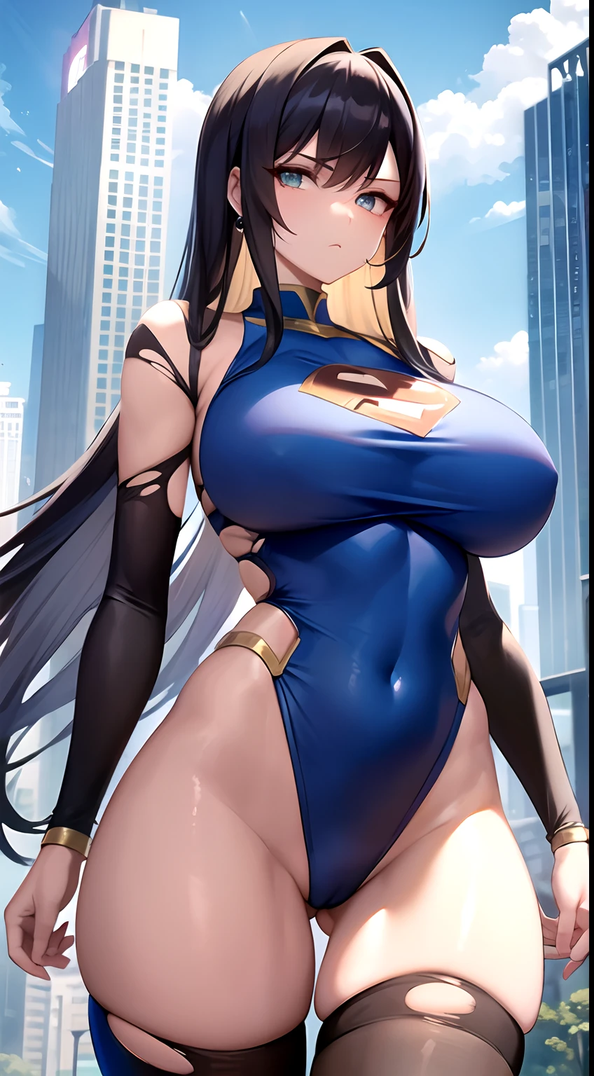 1girl, (superheroine, giantess), cool and mature, defiant, long hair, earring, (bodysuit, spandex), (blue orange white, costume), (torn clothes)++, (clothing mutilated), ((bare body)), in town, (tower sized woman)++, fight stance, (large breast)+, (skinny leg)+,  long leg, thighhighs, bare legs, bottomless, landscape, cityscape, in between skyscrapers, (Best quality), ((masterpiece)), (perfect female proportions)