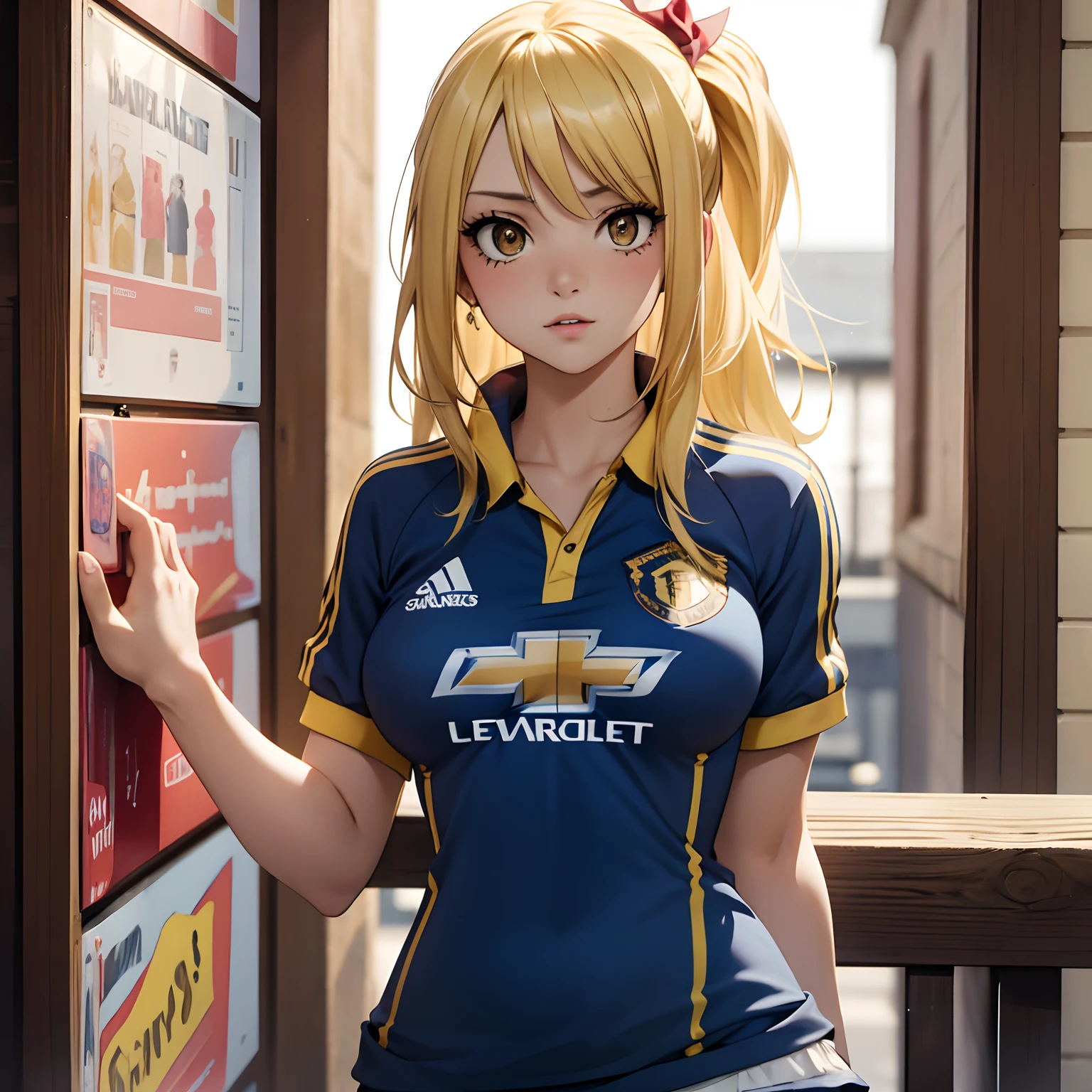 Lucy Heartfilia, 1 Women, 1 Girls, yellow hair, yellow eyes, looking from the front, Red Jersey Manchester united,