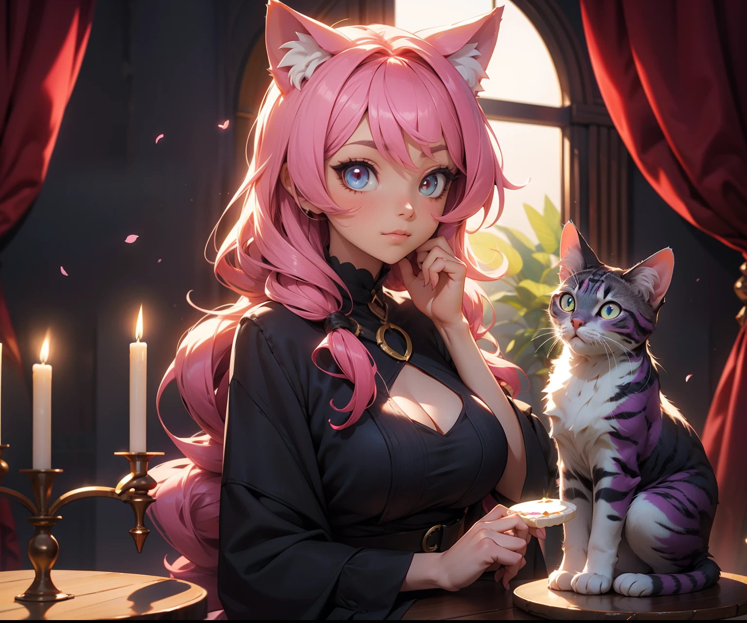 dos personas muy cerca del uno como del otro, el chico con cabello corto cafe y sin orejas de gato y con ojos cafe claro con un rostros muy detallado y hermoso, with a young girl with long hair and pink cat ear in a very romantic place with low lights and some candles and various gifts around her and a big birthday cake, y una tercera persona al otro extremo de cabello medio largo oscuro con un traje