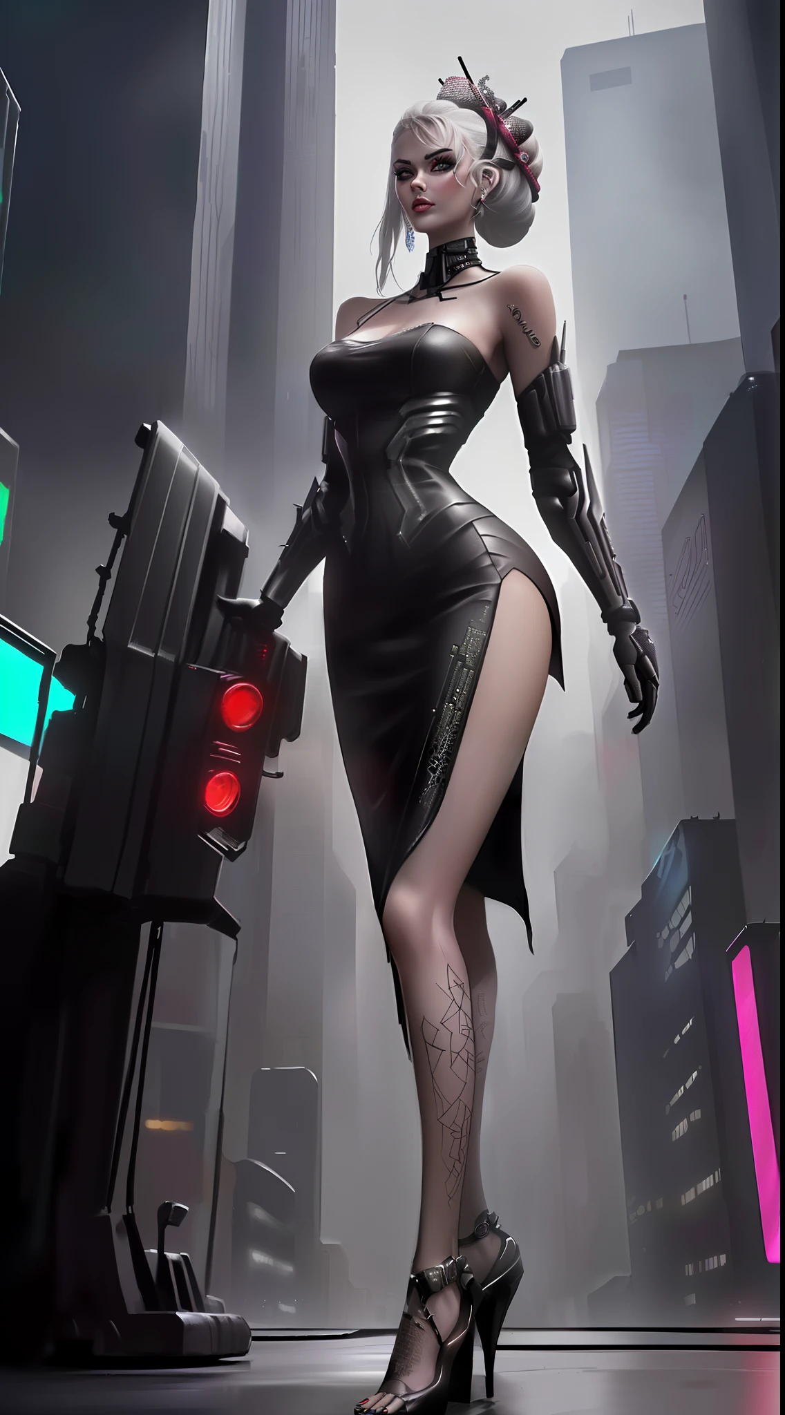 Close-up of a woman in a dress and high heels standing in the city, cyberpunk femme fatale, cyberpunk angry gorgeous goddess, seductive cyberpunk dark fantasy, Cyberpunk woman, Cyberpunk 2 0 y. o model girl, cyberpunk beautiful girl, Cyberpunk girl, female cyberpunk anime girl, female cyberpunk, cyberpunk women, cyberpunk anime girl, cyberpunk theme art, beautiful cyberpunk woman model