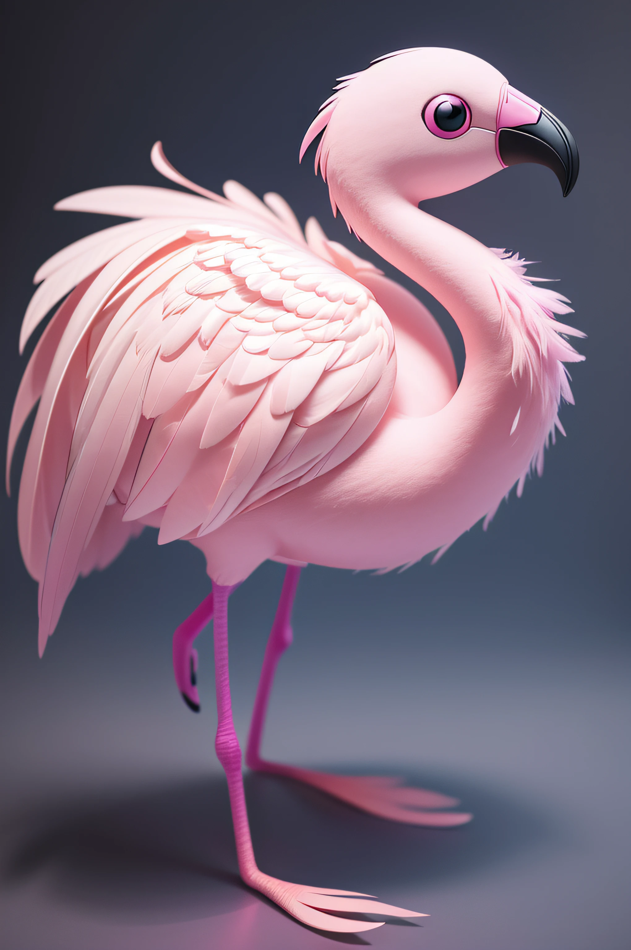flamingo plush furry feather toy with big eyes, light pink body and dark purple beak, full body, ultra detailed 3D model rendering, depth of field