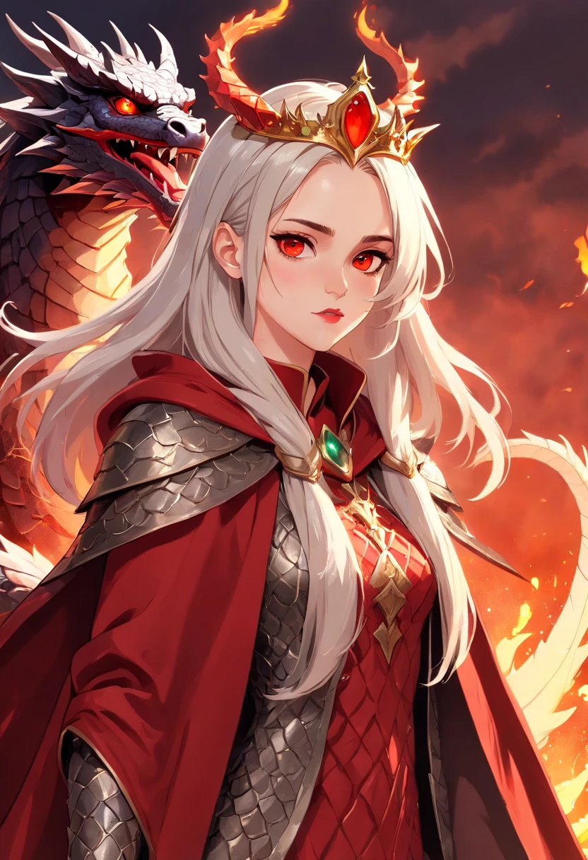 Solo, full-body photo, panorama, a female magician (Kristen Stewart, wearing a two-horned crown, long golden hair shawl, eye details depicted. Red eyes, silver scales armor, her cheeks have silver dragon scales and dragon decoration, looks natural and powerful, black eyeliner, her red lips look intimidating and majestic with a sharp and prominent chin, confident and majestic, red scales long cape, she looks like a mythical dragon, intimidating, dark red lipstick with tall figure, charming, charming, lust, mythical style, dragon scales, scales, evil), complex background (medieval fantasy style, burning castle, blood red sky), Facial Details (1.3) Eye Detail, Cinematic Lighting, Panorama, Projected Inset, UHD, Masterpiece, (Best Quality), (Best Illustration), (Best Shadow), Ccurate, Textured Skin, High Quality, High Details, Super Detail, Award Winning, Best quality, highres, anatomically correct, 8k, close-up, backlighting, metallic