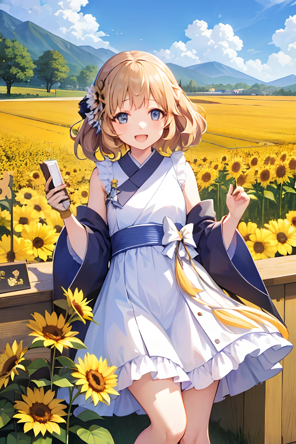 Hinamomo,high-level image quality、masutepiece、1girl in,Lori、A smile、Cute,White dress、sunflowers fields、Strong sunshine