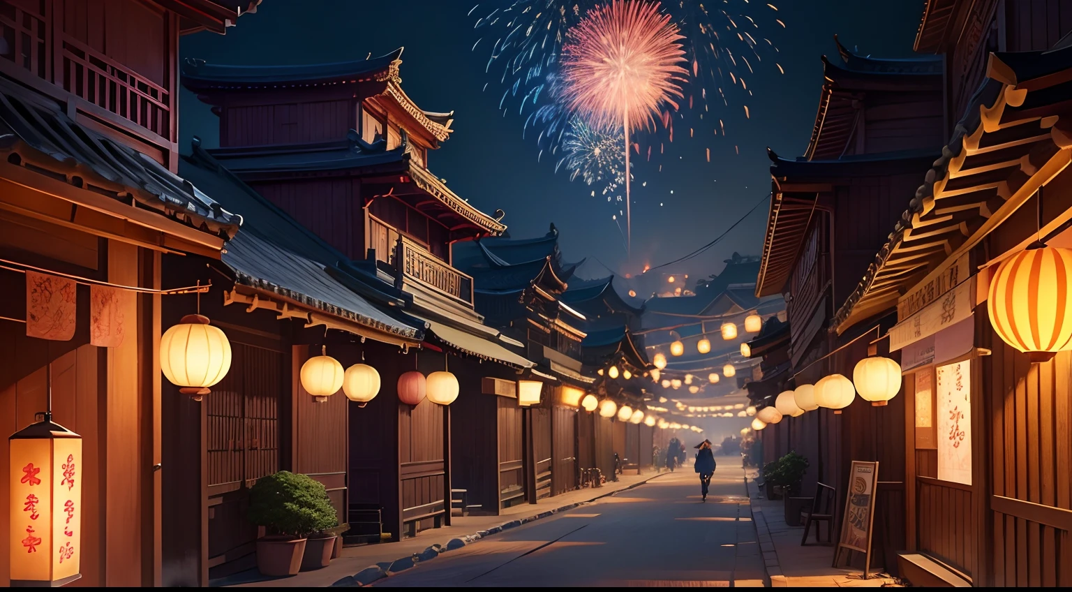 Fireworks and lanterns are lit in Taiwanese cities, background artwork, background art, Onmyoji detailed art, A dreamy Taiwanese village, Summer Festival Night, G Liulian Art Style, fireworks show, ros tran. scenic background, animation background art, beautiful artwork illustration, making: Shitao, trending in CGSTATION, colorful anime movie background