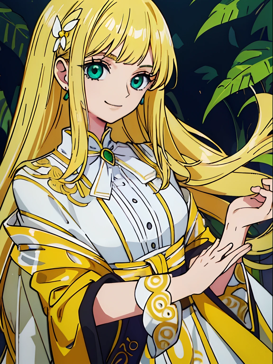 Masterpiece, Fine detail, 4k, 8k, 12k, Solo, Alone, Beautiful girl, Caucasian woman, Blonde, Long hair, Green eyes, Noble clothes, Smile