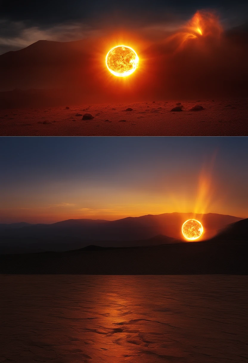 Solar flare explosion, Close to the surface of the huge sun, Particularly clear, Solar corona , Beautiful, spectacular. Spectacular panorama rendered in 3D, realisitic、Photoreal、Solar plasma、Images close to the surface of the Sun、Solar surface４min１enlarged