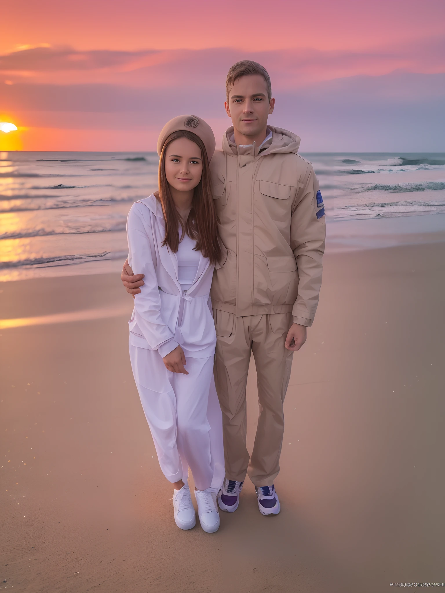 full-length portrait, Guy and girl in sneakers, (Best Quality, tmasterpiece: 1.1), (Realistic: 1.4), (Detailed wild beach with palm trees, Red sunset on the sea),( blue eyes 1,5), dslr, Film grain, Professional, Stunning, highly, 8K UHD, Nikon 70d, ISO200, f/2,8, 1/ 25sec, 70mm,