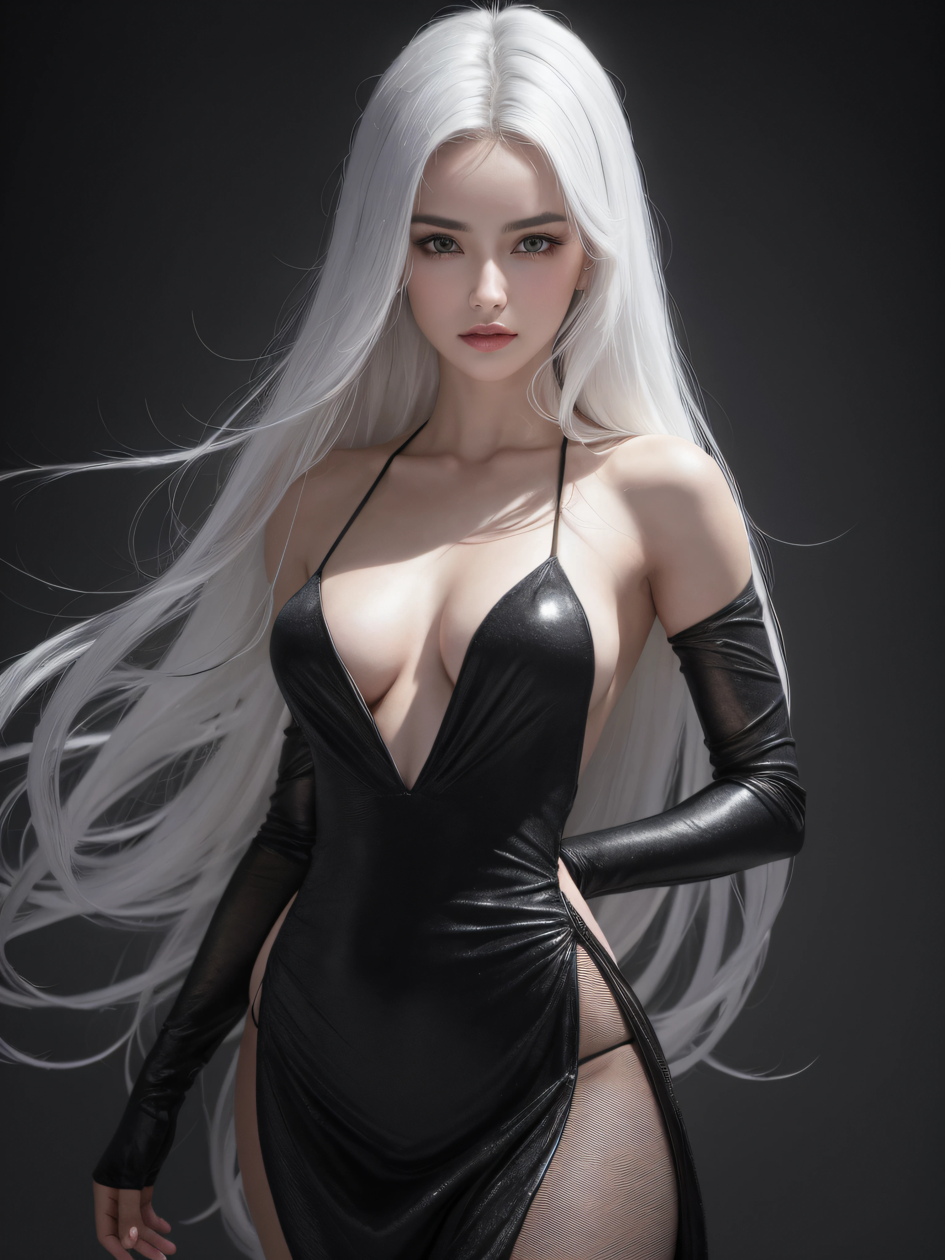 (8k, RAW photo, photorealistic) ,( lipgloss, eyelashes, gloss-face, glossy Black skin, best quality, ultra highres, depth of field, chromatic aberration, caustics, Broad lighting, natural shading), In a sunlit studio, a stunning model stands tall, exuding elegance and grace. She dons a sky blue dress that floats around her, accentuating her flawless figure. Her hair, as white as freshly fallen snow, cascades down her back, framing her face. With smokey eyes that captivate the viewer, she oozes confidence and allure. A masterpiece of beauty, this portrait captures the essence of a professional and captivating marketing photoshoot, DLSR, film grain, cinematic, intricate details, 4K, 8k, hd.