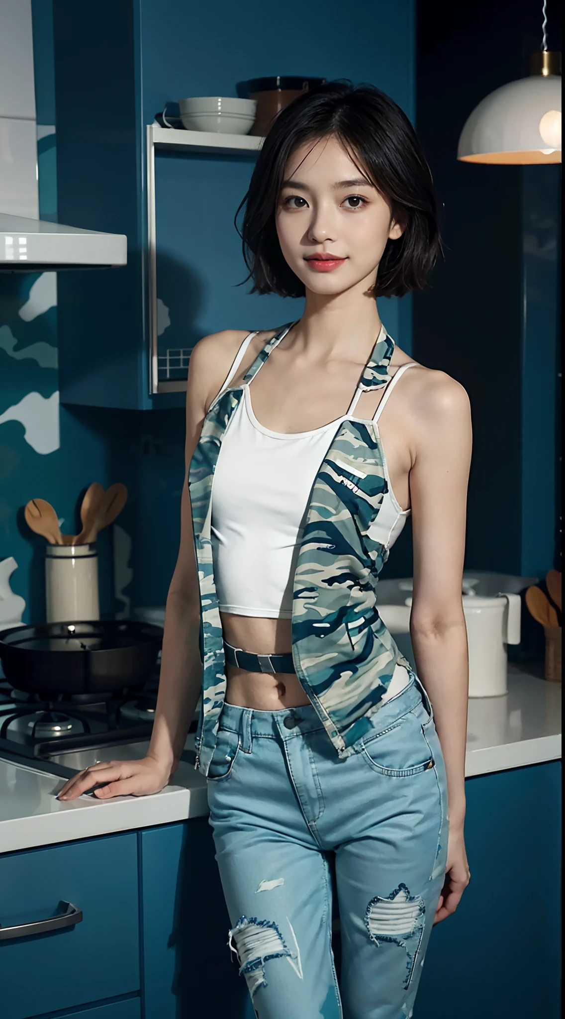 (Small lower chest,Tomboyish,small heads)), (Well-defined abs: 1.1), (perfect bodies: 1.1), (short-length straight short hair: 1.2), attractive collarbone，（极其细致的CG 8k壁纸），（Extremely refined and beautiful），（tmasterpiece），（best qualtiy：1.0），（超高分辨率：1.0），upper body，[A high resolution]，cheerfulness，Smile，Smooth and flawless fair skin，ultra - detailed ，Elongated legs，（Small breasts:1.1),Flat chest,Slim，emaciated，(Blue camouflage jacket:1.4)，(White strap top tank:1.4),(Blue camouflage pants:1.4),In a kitchen，Teal background，Next to the stovetop，Cooking，from front，bare back，Close shot，nightfall，warm light,Several dishes on table，standing