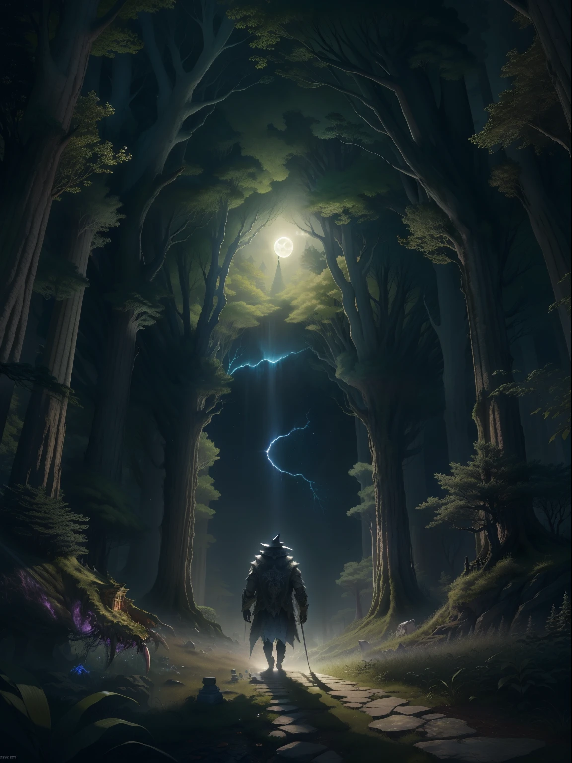 tmasterpiece：Huge monster holding the castle，Walk in the dark forest。the night，rays of moonlight，magic，shock，(Look at the perspective from the bottom up)。（number art，Official artistic aesthetics，k hd，8K，Super meticulous，higher details，Exquisitely）