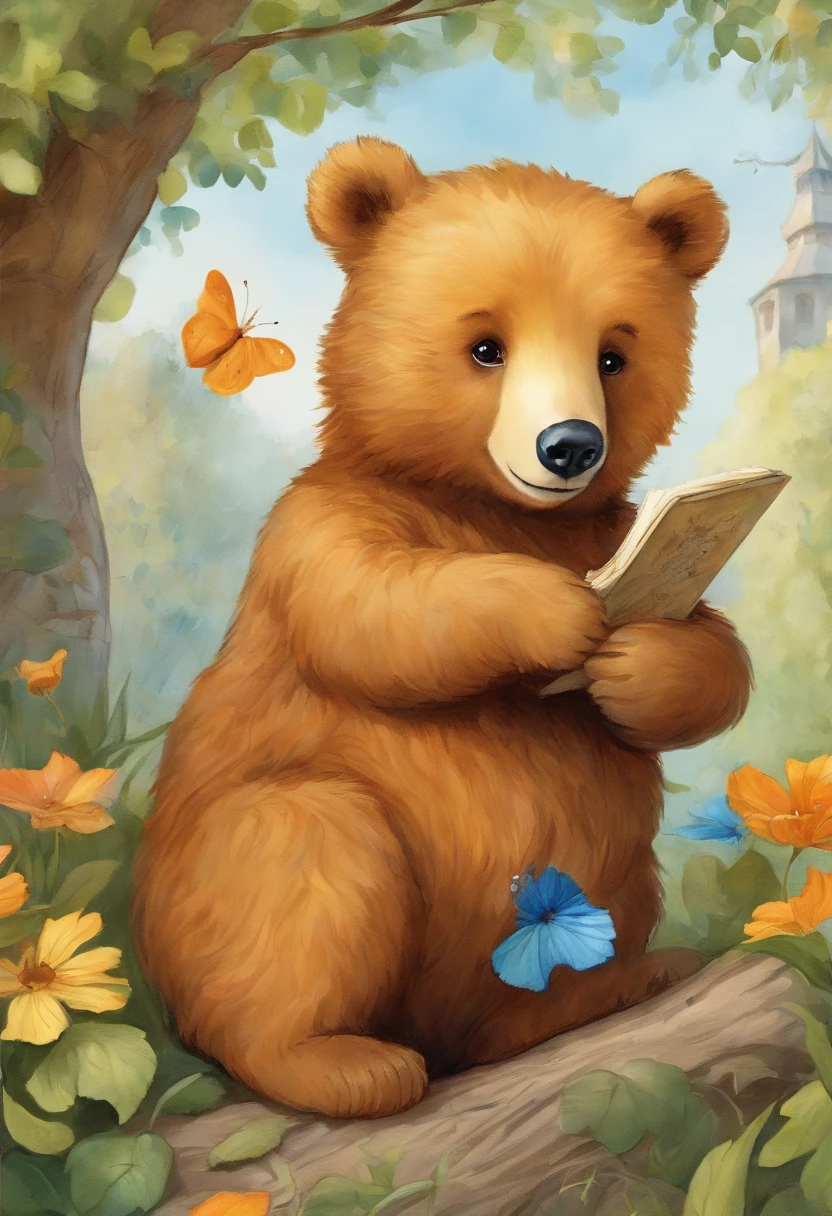 Comic book style, Paint with vivid watercolors, Two-legged little brown bear, cute clothing, greene eyes, an orange, Blue. amarelo, The is very detailed, The is very detailed, tmasterpiece, Fairy tale background, in wonderland, Dynamic colors, Fairy light, Beatrix Porter and Jean-Baptiste Montge, 32k ULTRAHD
