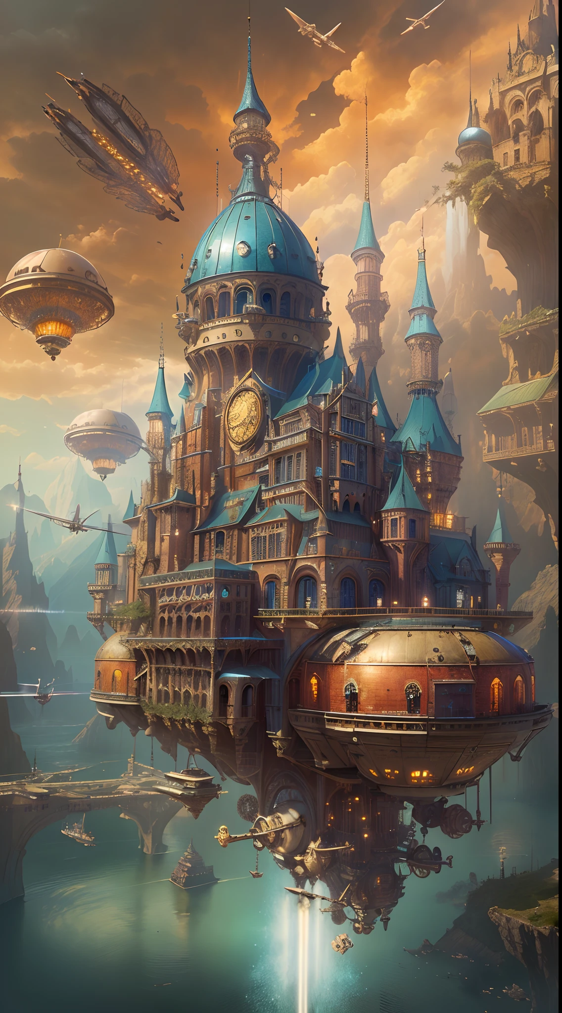 (Best quality,A high resolution,Masterpiece:1.2),Ultra-detailed,(Realistic:1.37),((Steampunk castle)),Floating in((mid-air)),((((Equipped with an extraordinary flight propulsion system)))),(Metallic texture),Vibrant colors,scifi aesthetic,intense perspective,Modern miracle,forward-thinking,Technological progress