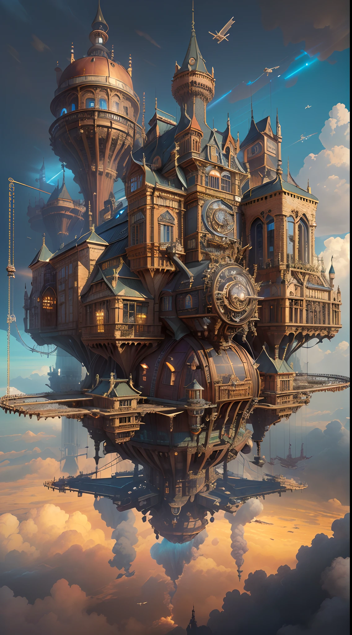 (Best quality,A high resolution,Masterpiece:1.2),Ultra-detailed,(Realistic:1.37),((Steampunk castle)),Floating in((mid-air)),((((Equipped with an extraordinary flight propulsion system)))),(Metallic texture),Vibrant colors,scifi aesthetic,intense perspective,Modern miracle,forward-thinking,Technological progress