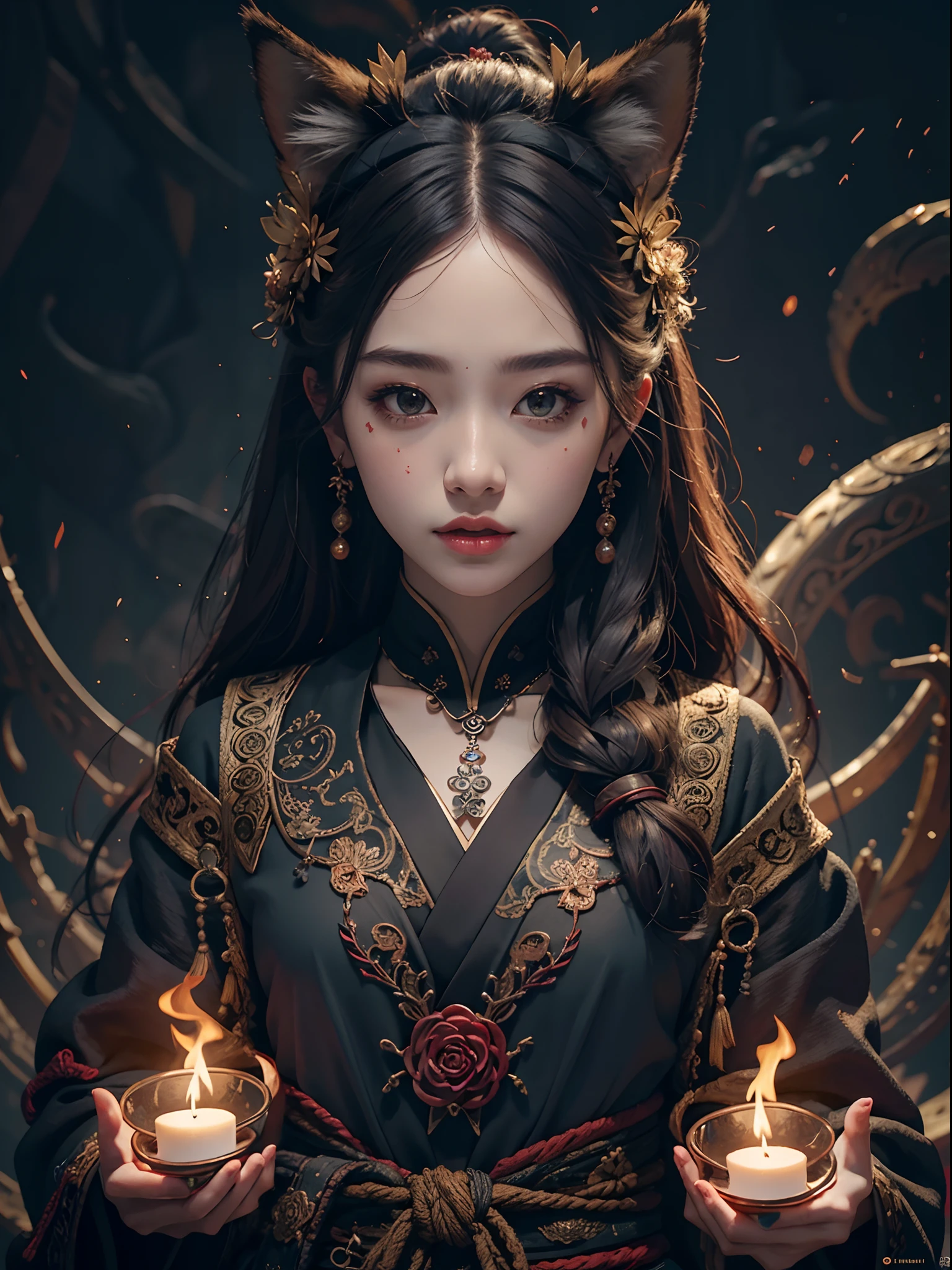 1girls, bara, official art, Unity 8k壁纸, ultra-detail, beautiful and beautiful, masterpiece, bestquality, photorealistic portrait, (abstract background:1.5) (Zentangle, Mandala, tangle, Entangle:0.7) Kitsune Witch, fox mask, Haori Jacket, Foxfire Spells, Familiar fox, transformation, Depth of Field, Amazing atmosphere...., most beautiful form of chaos, Elegant, Dark theme designed by Brutalist, Flower of the Dead, ecstasy of flower
