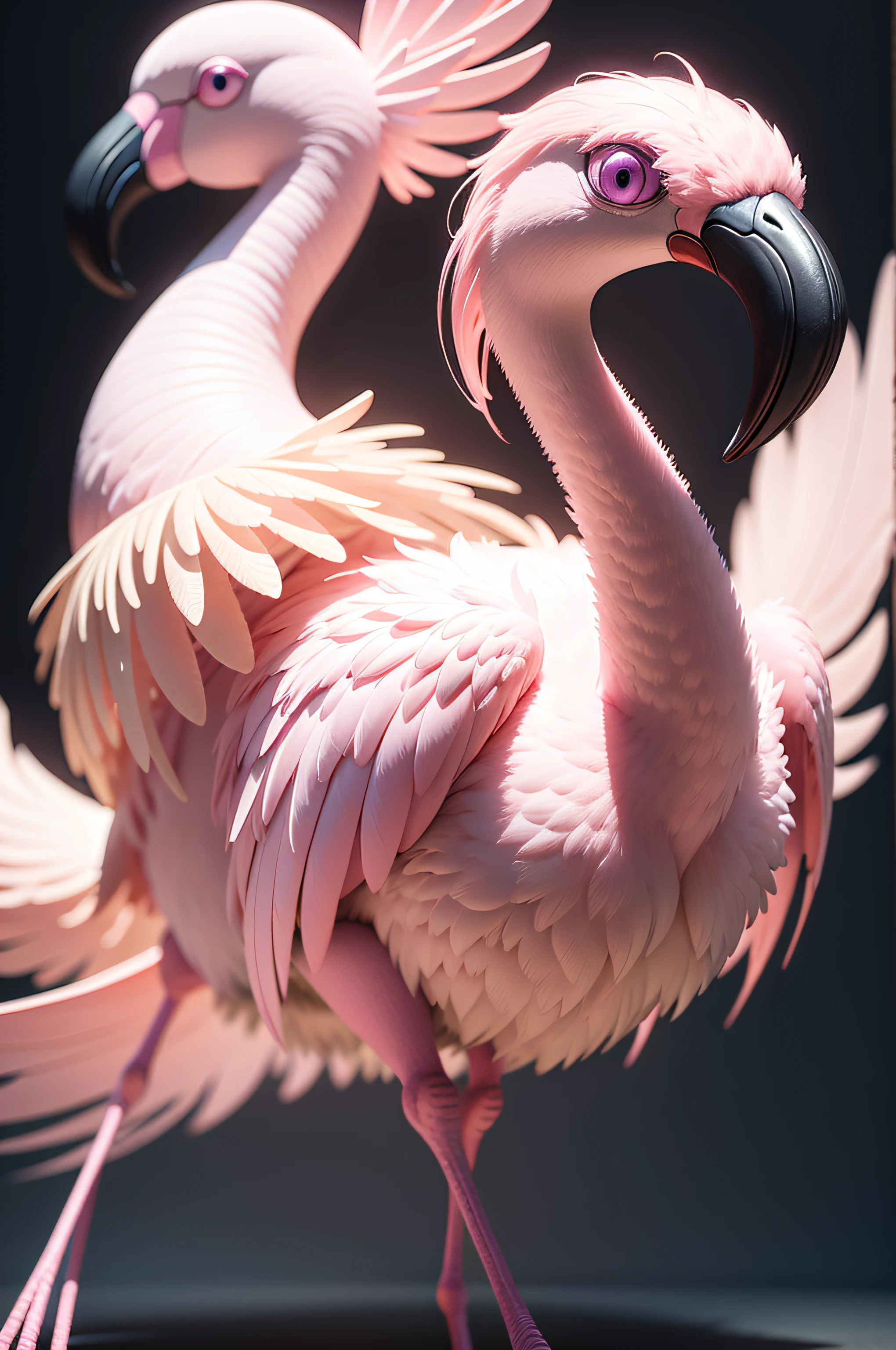 flamingo plush furry feather toy with big eyes, light pink body and dark purple beak, full body, ultra detailed 3D model rendering, depth of field --auto