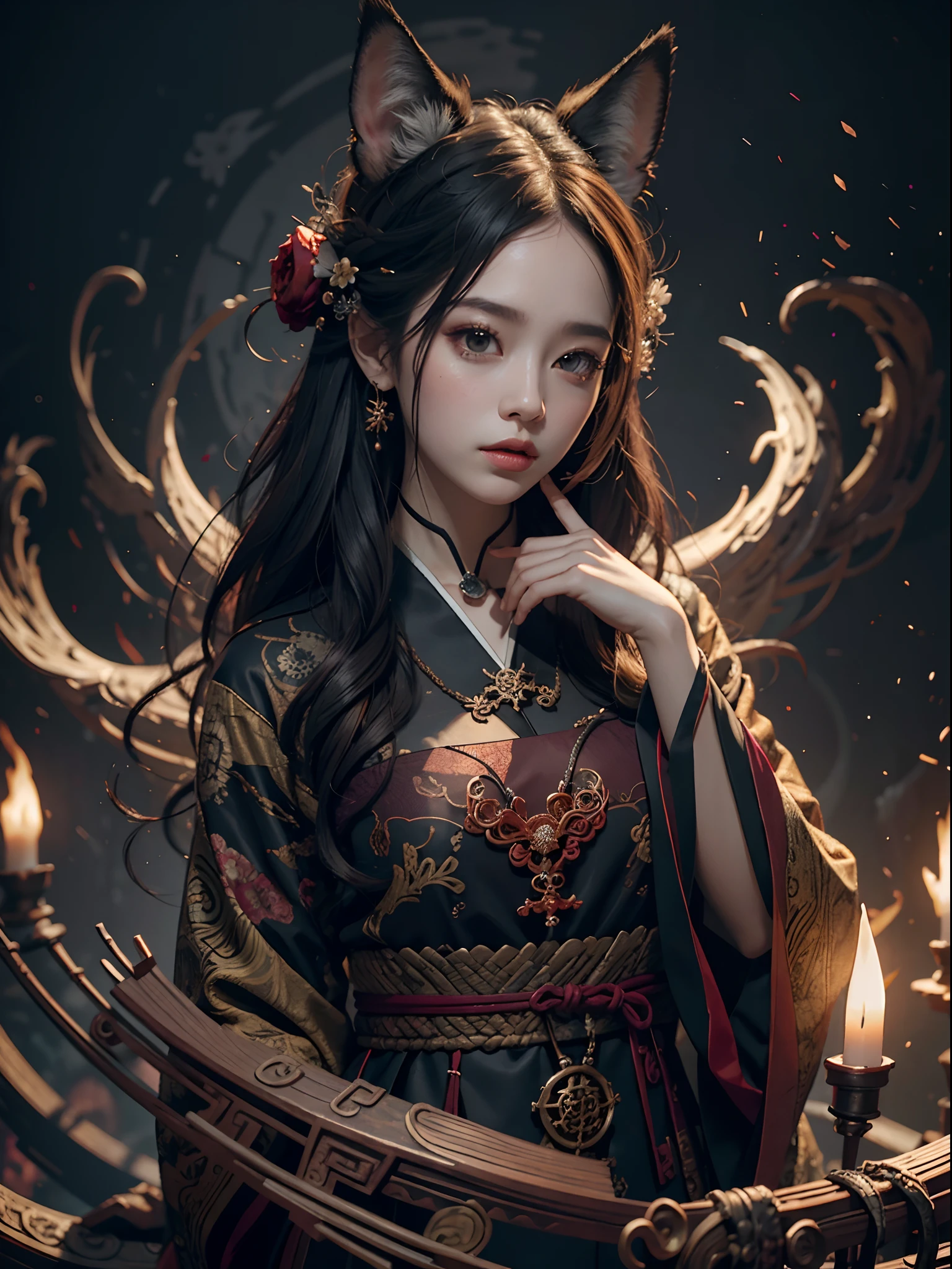 1girls, bara, official art, Unity 8k壁纸, ultra-detail, beautiful and beautiful, masterpiece, bestquality, photorealistic portrait, (abstract background:1.5) (Zentangle, Mandala, tangle, Entangle:0.7) Kitsune Witch, fox mask, Haori Jacket, Foxfire Spells, Familiar fox, transformation, Depth of Field, Amazing atmosphere...., most beautiful form of chaos, Elegant, Dark theme designed by Brutalist, Flower of the Dead, ecstasy of flower