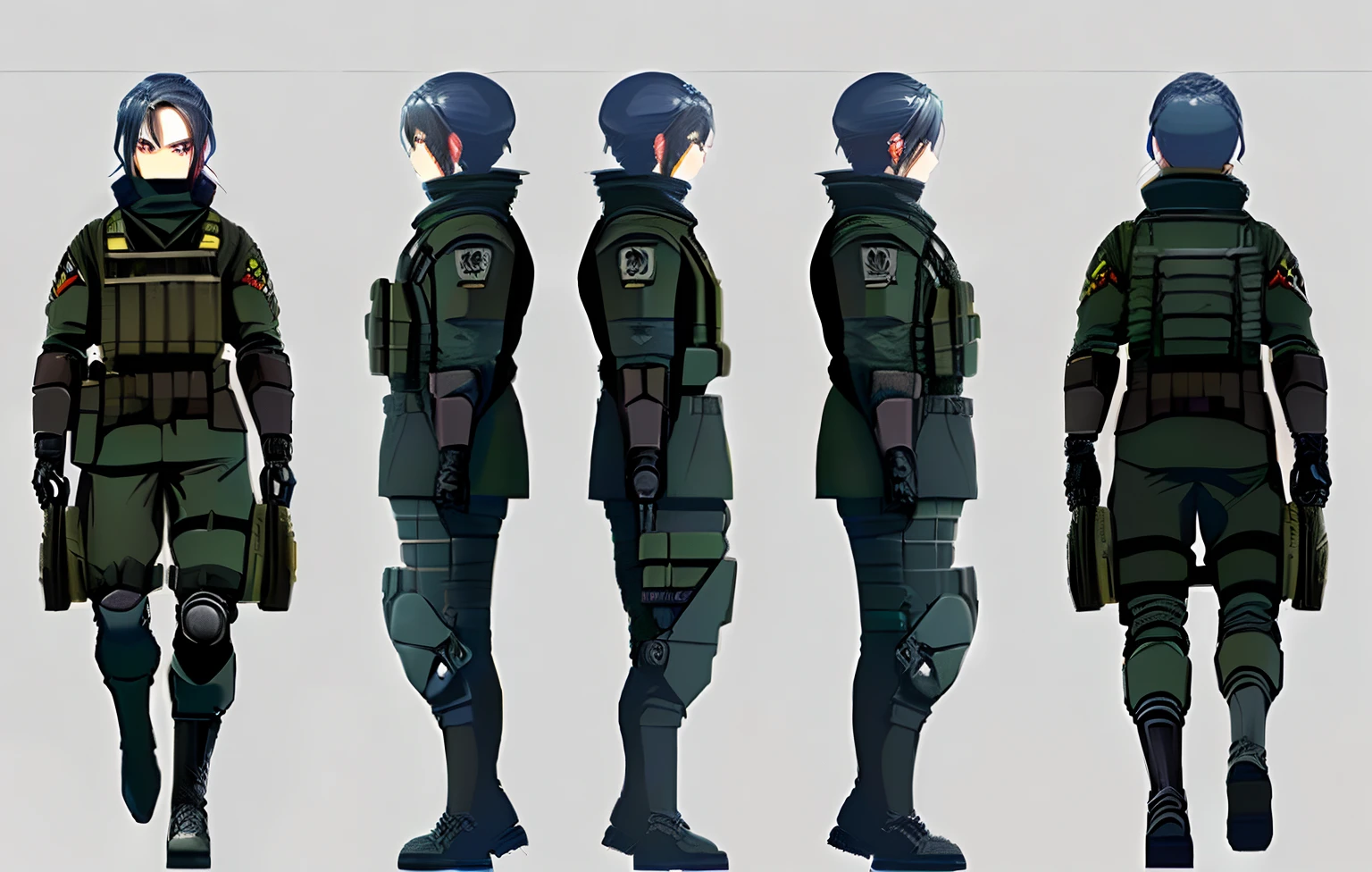 Un primer plano de una persona uniformada de pie en una fila, Ropa militar estilizada, Mechanized police infantry, Solid Metal Gear concept art, Experto en arte conceptual de alto detalle, Arte conceptual detallado de cuerpo completo, Varios soldados, inspired by Ryūsei Kishida, Infantry girls, simetry!! Arte conceptual, Ropa completa de soldado, metal gear solid style, soldadesca