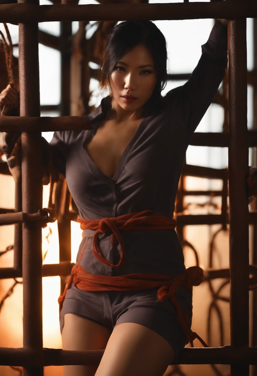 (best quality,4k,highres,masterpiece:1.2),ultra-detailed,realistic,bondage,Japanese Female Prisoner,suspended,knees tied,open legs,in Jail,portraits,vivid colors,studio lighting, fullnude