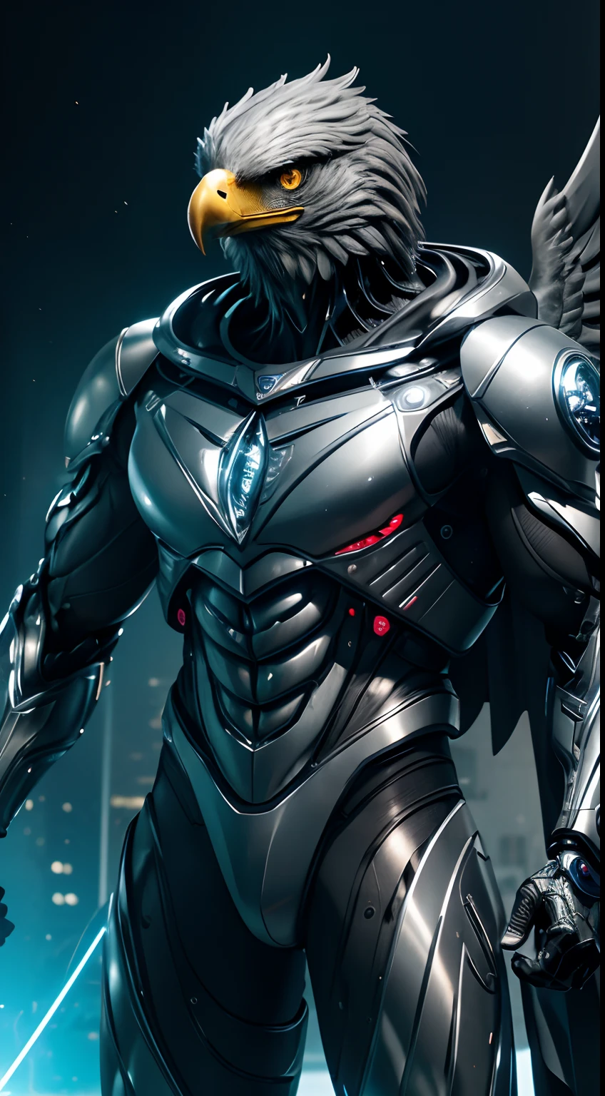 Superhero eagle Man action, animal head, human body, Amazing Movie Highly Detailed Artwork Detailed Face Detailed Suit Cgi 8k Resolution, full body camera, hero DC Cyborg suit, metallic texture of his silver-gray body, complete with blue LED lights and glowing components, cybernetic eye, cybernetic arm, cybernetic leg, red energy core on his chest, fusion of human and machine, battle pose. mechanical background, see camera.