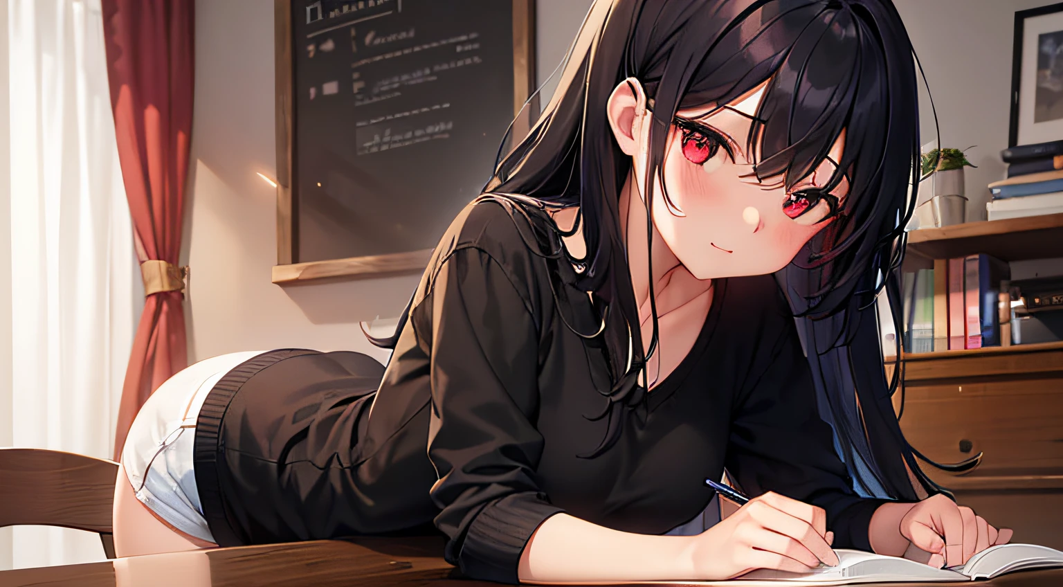 girl studying in her cozy, well-lit bedroom. The girl has long, flowing black-colored hair and is dressed in a casual shirt with black shorts and red ruby like eyes. She sits at a clutter-free desk, covered with textbooks and study materials, and her appearance reflects a diligent, studious demeanor while she listens to music