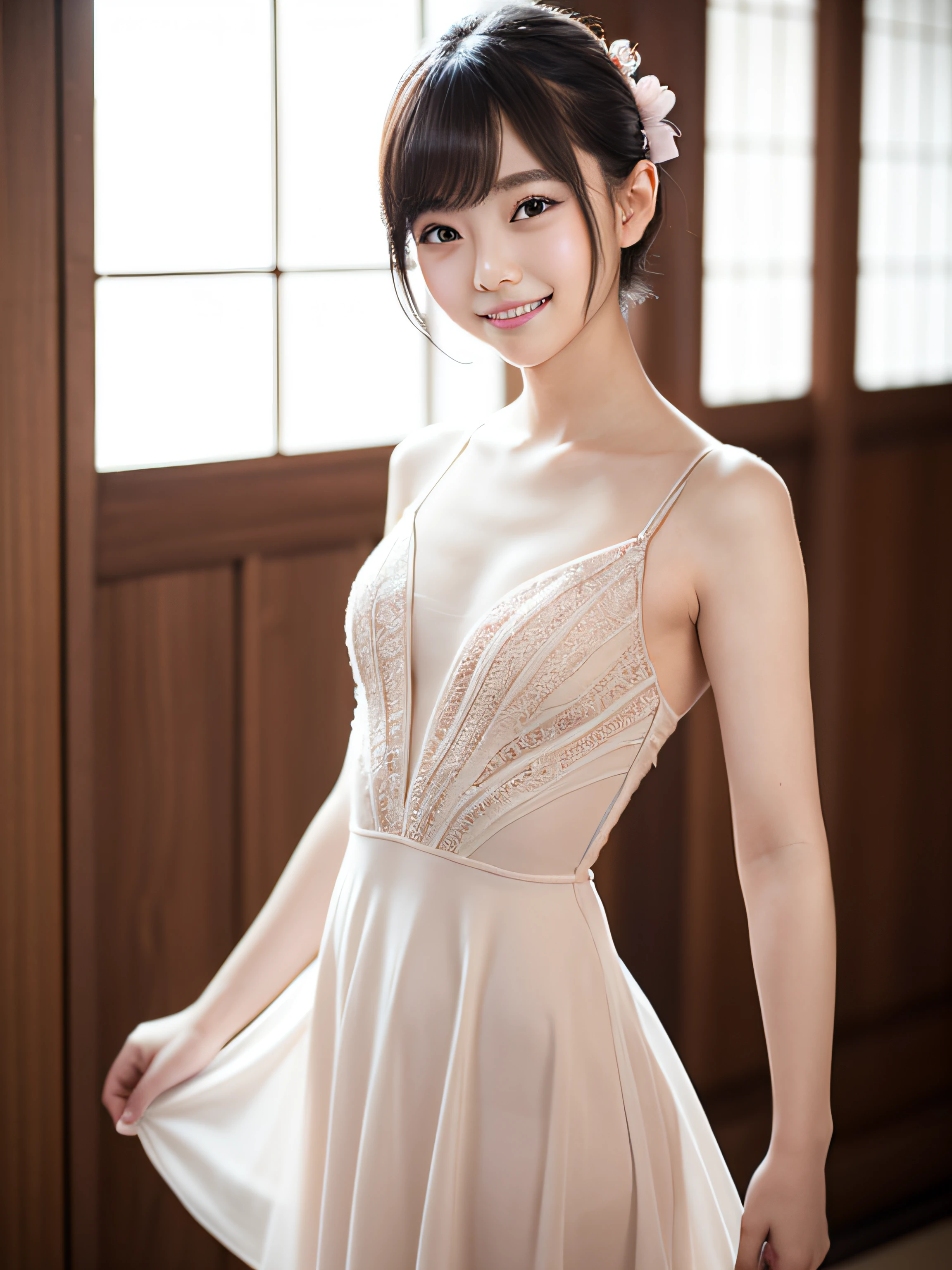 fashion model photography, ballet dress, strong sense of design, medium shot, japanaese girl, Short hair, Hair Accessories, slenderbody、tiny chest、Delicate skin, Smile, Simple background, High Texture, Glare backlight, Professional Studio Lighting