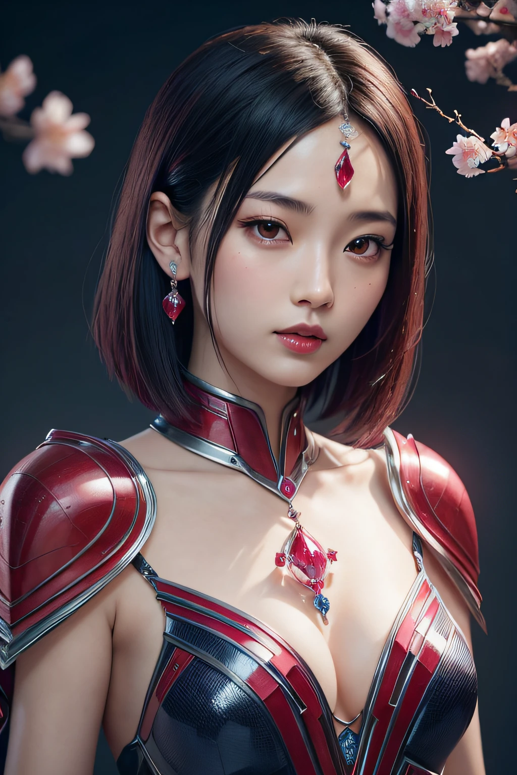 beautiful japanese young woman, wearing spiderwoman armor made of diamond and sapphire, thick symmetrical features, very short hair, background is cherry blossoms, pink aura, red lips, octane render,