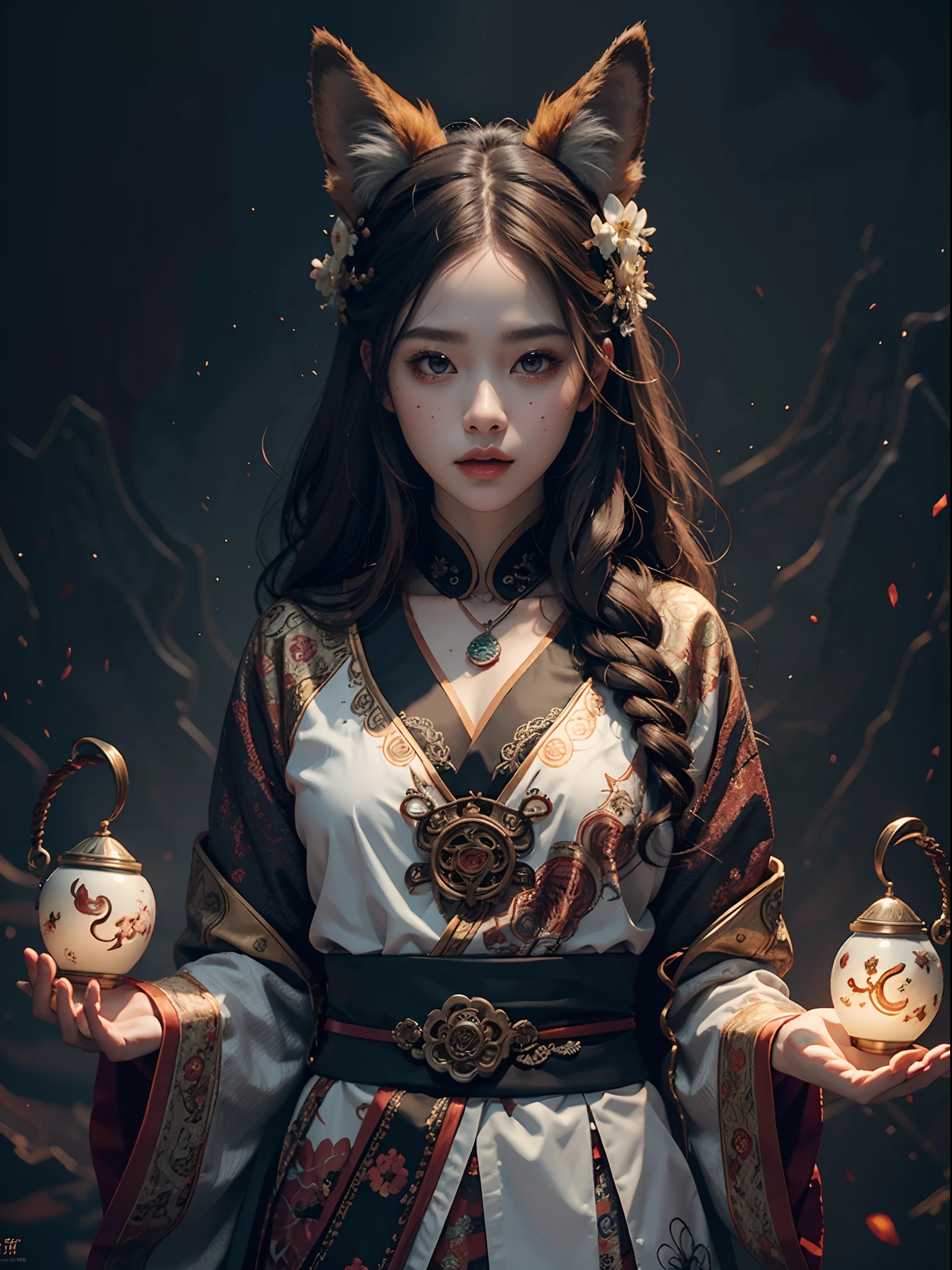 1girls, bara, official art, Unity 8k壁纸, ultra-detail, beautiful and beautiful, masterpiece, bestquality, photorealistic portrait, (abstract background:1.5) (Zentangle, Mandala, tangle, Entangle:0.7) Kitsune Witch, fox mask, Haori Jacket, Foxfire Spells, Familiar fox, transformation, Depth of Field, Amazing atmosphere....., most beautiful form of chaos, Elegant, Dark theme designed by Brutalist, Flower of the Dead, ecstasy of flower