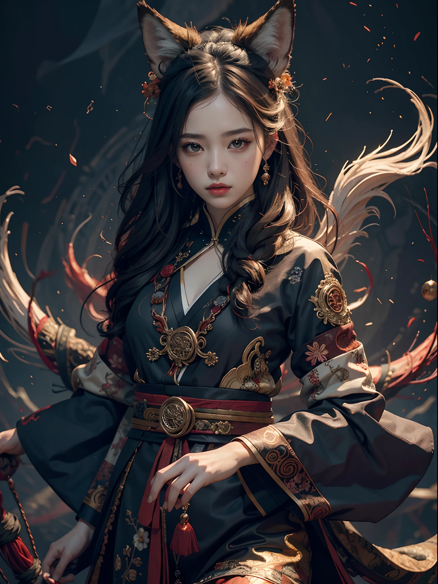 1girls, bara, official art, Unity 8k壁纸, ultra-detail, beautiful and beautiful, masterpiece, bestquality, photorealistic portrait, (abstract background:1.5) (Zentangle, Mandala, tangle, Entangle:0.7) Kitsune Witch, fox mask, Haori Jacket, Foxfire Spells, Familiar fox, transformation, Depth of Field, Amazing atmosphere....., most beautiful form of chaos, Elegant, Dark theme designed by Brutalist, Flower of the Dead, ecstasy of flower
