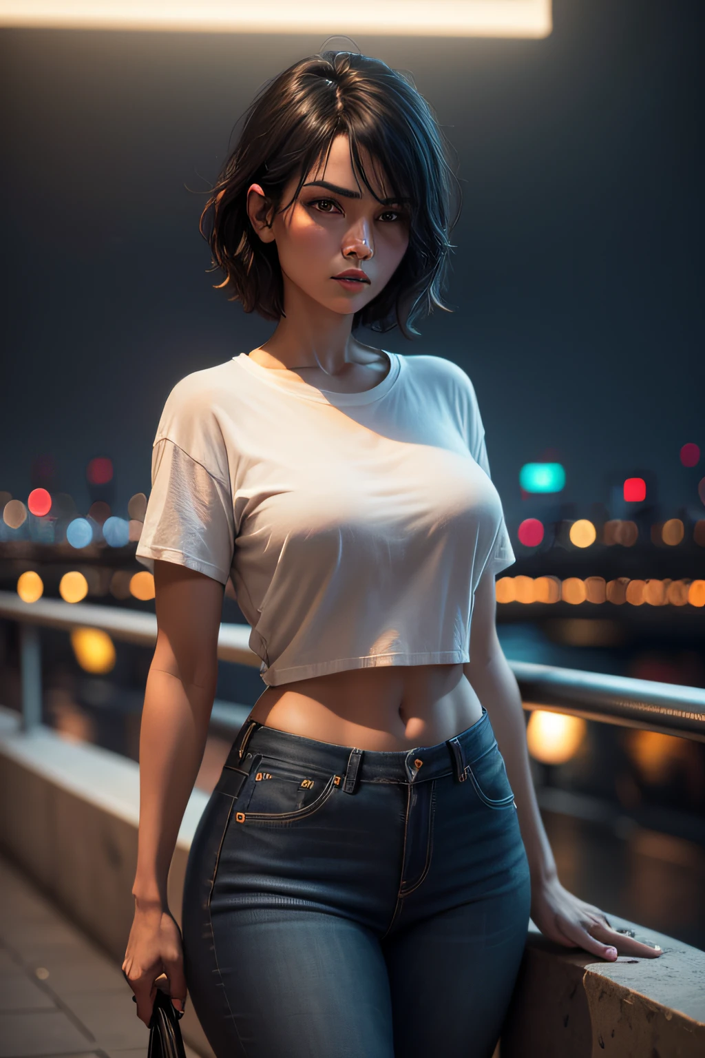 Influencer, standing on balcony at night, short black hair, wearing jeans and white t-shirt, busty, night time, city scape, neon lighting, moody, 8k HD high definition detailed realistic, detailed, skin texture, hyper detailed, realistic skin texture, best quality, ultra high res, (photorealistic: 1.4), high resolution, detailed, Raw photo, Sharp Re, by Lee Jeffries Nikon D850 Film Stock Photography 4 Kodak Portra 400 Camera F1.6 Lens Rich Colors Hyper Realistic UnrealEngine trend in ArtStation Cinestill 800