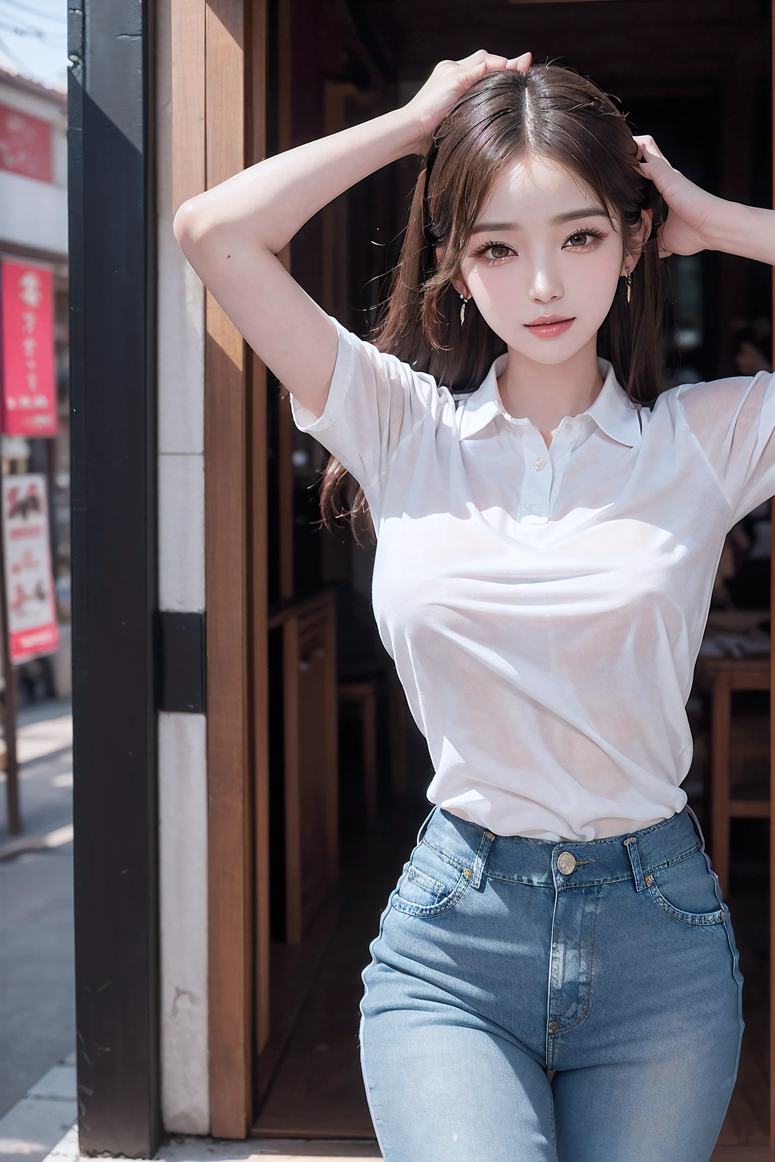 (((1girl:1.3, solo))), (((arms up on head:1.5))), (a extremely pretty and beautiful milf:1.3), (35 years old: 1.1), (at India night street:1.5), (professional sexy photo composition:1.5), view viewer, (Taj Mahal:1.5), (front view:1.3), (looking straight at the viewer:1.5),
break,
(mahogany wavy hair:1.2), (Hair between eyes:1.3), (medium-length hair:1.3), bangs, dark brown eyes, beautiful eyes, princess eyes, (slender:1.3), (small breasts:1.5))), ((sagging breasts:1.5)), (((disproportionate breasts;1.5)))), (Breasts squeezed together:1.0), (thin waist: 1.3), (detailed beautiful girl: 1.4) , Parted lips, (pink glossy lips:1.3), (pale skin:1.3), (beautiful clean skin:1.3), ((Perfect Female Body)) , Perfect Anatomy, Perfect Proportions, (most beautiful Japanese actress face:1.3) , (a extremely cute and beautiful K-POP idol face:1.3), (oval face:1.3), (attractive emotion:1.3), (seductive expression:1.3), (seductive evil smile:1.3), (closed mouth:1.3 ), (4fingers and thumb:1.5), (perfect ratio human hands:1.5),
BREAK,
(wearing a classy white collared shirt:1.3), (skinny denim pants:1.3), (black pin-heels:1.3), (jewely earing:1.3), detailed clothes,
BREAK,
(Realistic, Photorealistic: 1.37), (Masterpiece, Best Quality: 1.2), (Ultra High Resolution: 1.2), (RAW Photo: 1.2), (Face Focus: 1.2), (Ultra Detailed CG Unified 8k Wallpaper: 1.2), (Hyper Sharp Focus: 1.5), (Ultra Sharp Focus: 1.5), (Beautiful pretty face: 1.3) (professional photo lighting:1.3), , (super detailed background, detail background: 1.3),iu,chinatsumura,yeonyuromi,jwy1,colorful_girl_v2,blurry_light_background,thin legs