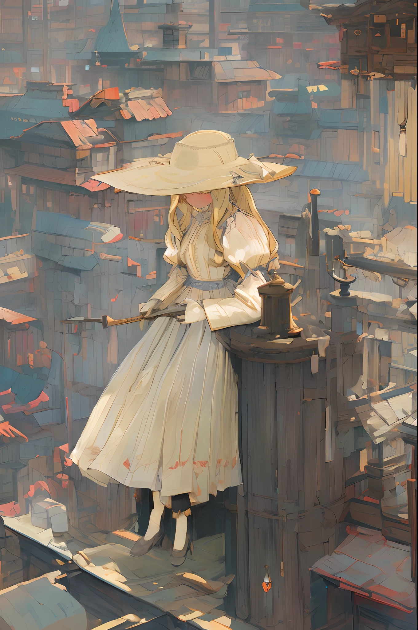 Top image quality、masterpiece、Thick painting of oil painting、Fantasia、Norman Rockwell's style、One beautiful fair-skinned girl、Fantasia、the eyes are a little small、The iris is blue、Cute little face、a small face、Light makeup、blonde hair、tiny chest、sitting on、Full body like、Black Gloves、Gothic dress with long sleeves、long skirt、Paper Craft Doll、The City of Paper Crafts、Full Moon in Paper Craft、thirds rule、dynamic ungle